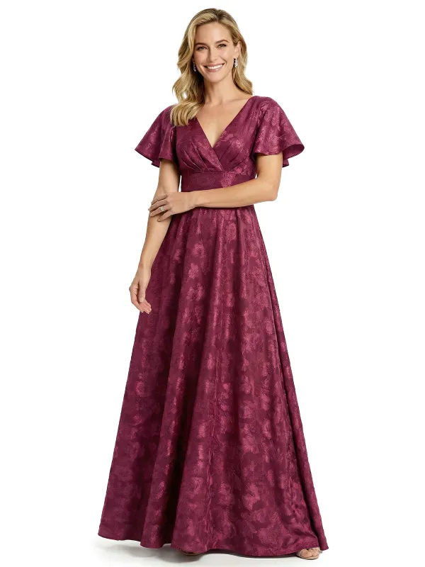 Elegant V-Neck Floral Burnout Chiffon A-Line Flutter Sleeves Formal Evening Gowns With Bow sold by ChicSew