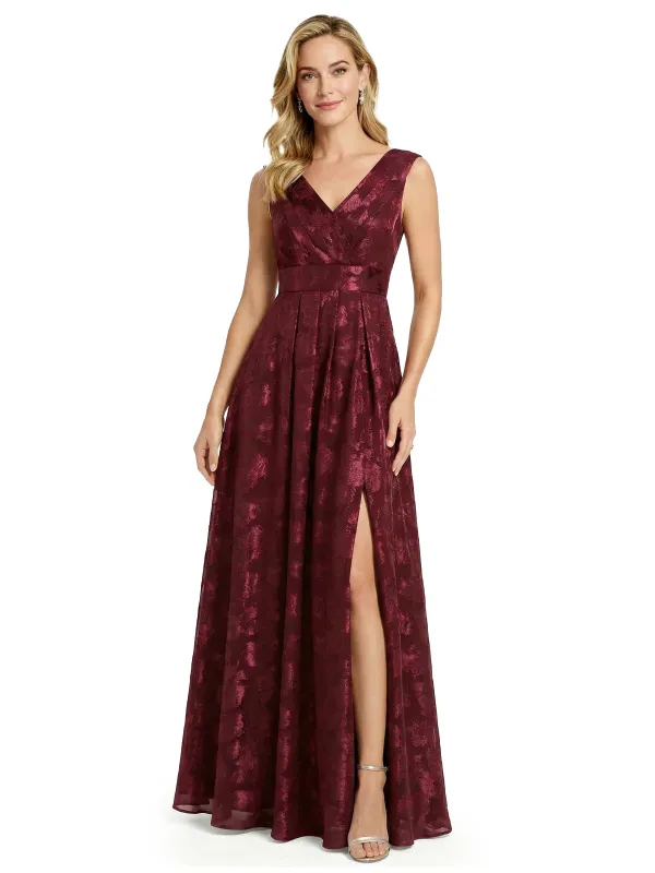 Fancy V-Neck Floral Burnout Chiffon A-Line Formal Evening Gowns With Side Slit sold by ChicSew