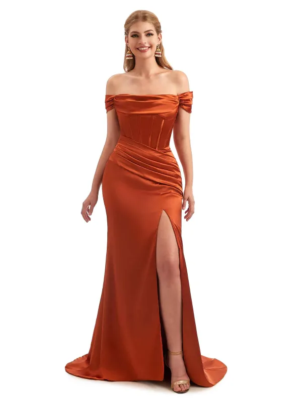 Off The Shoulder Mermaid Satin Unique Long Bridesmaid Dress Sexy Side Split In Stock sold by ChicSew