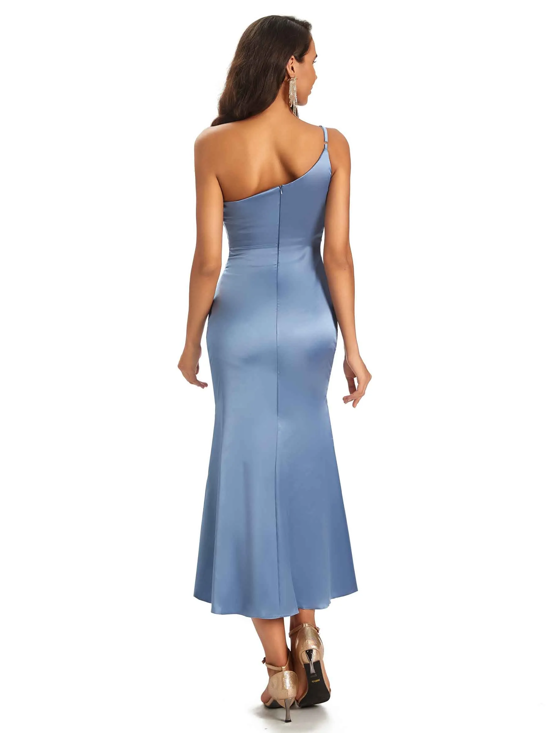 Sexy Soft Satin One Shoulder Tea-Length Midi Mermaid Bridesmaid Dresses In Stock sold by ChicSew product image thumbnail 3
