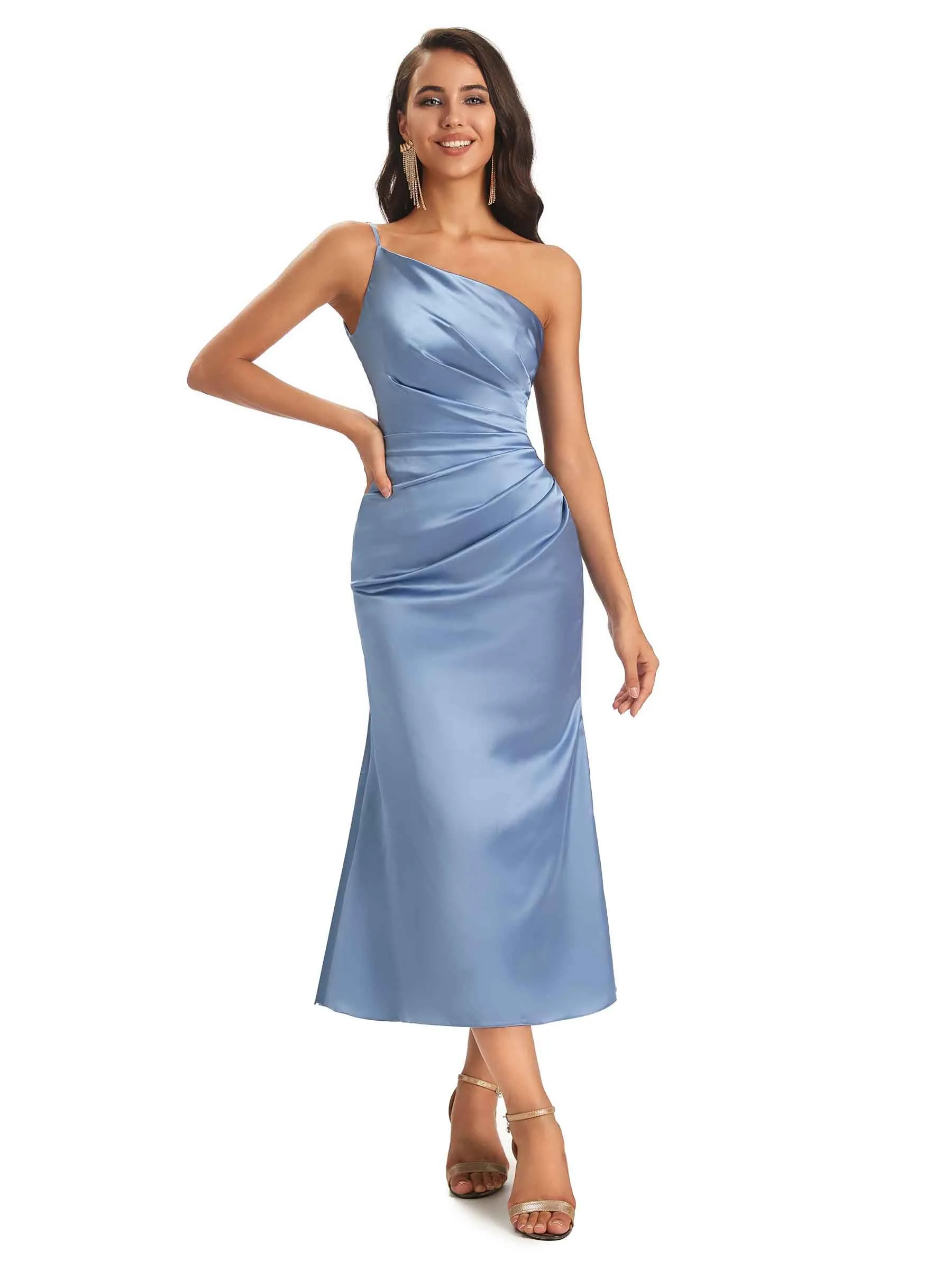 Sexy Soft Satin One Shoulder Tea-Length Midi Mermaid Bridesmaid Dresses In Stock sold by ChicSew