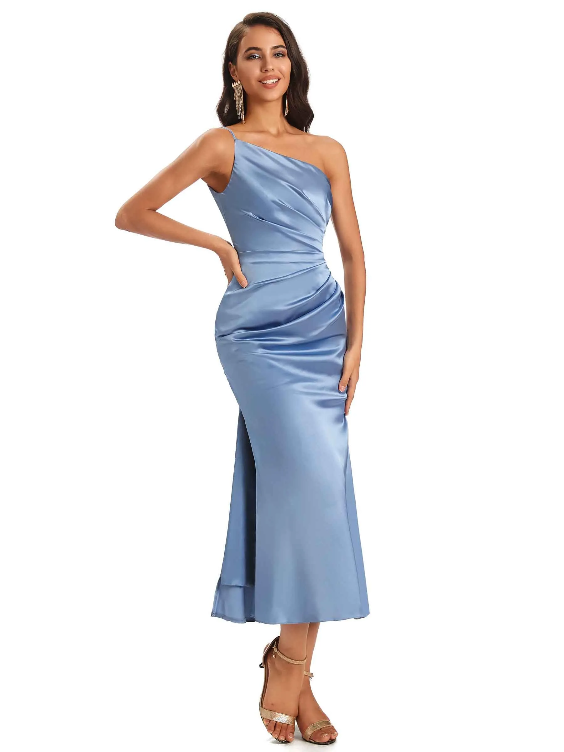 Sexy Soft Satin One Shoulder Tea-Length Midi Mermaid Bridesmaid Dresses In Stock sold by ChicSew product image thumbnail 5
