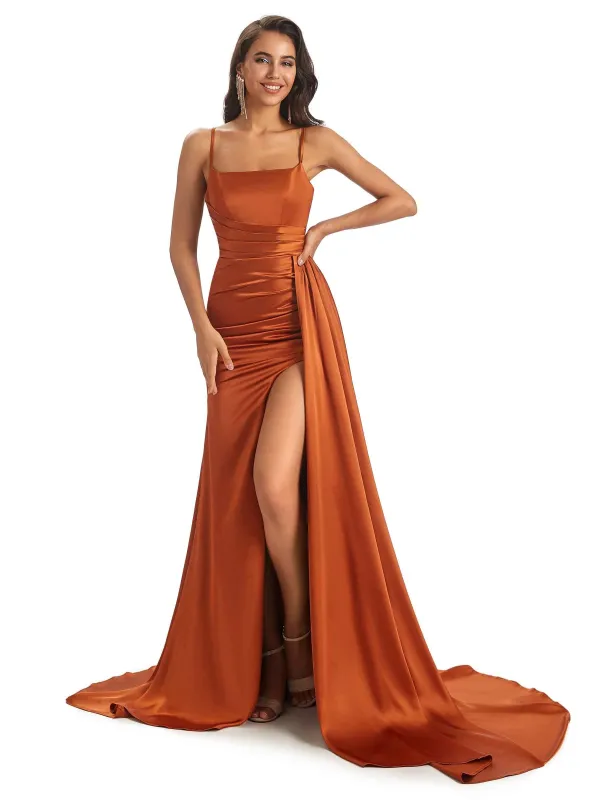 Sexy Side Slit Spaghetti Straps Satin Long Mermaid Bridesmaid Dresses Online made by ChicSew