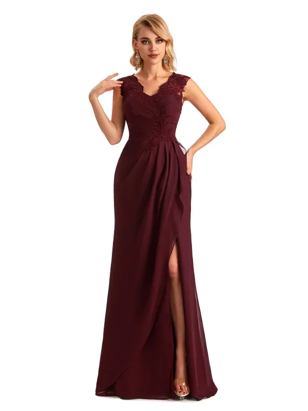 Elegant Chiffon A-line Lace Straps Side Slit Long Mother of the Brides Dresses in stock sold by ChicSew