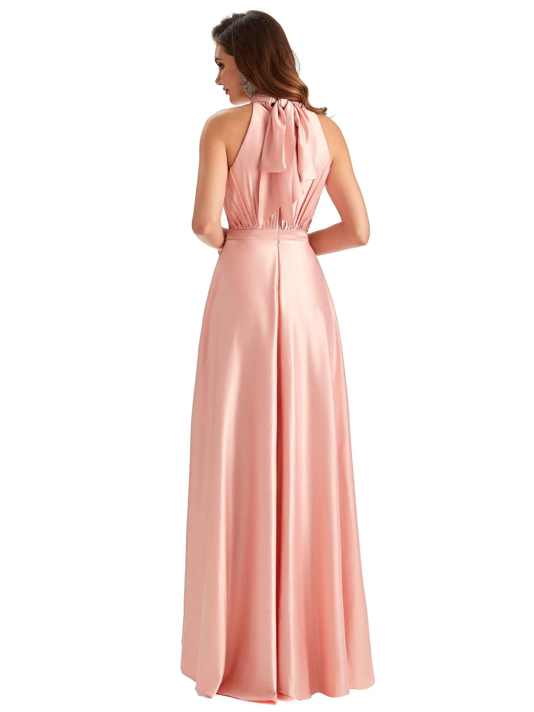 Soft Satin High Neck High Low A-line Unique Bridesmaid Dresses Online In Stock sold by ChicSew product image thumbnail 3