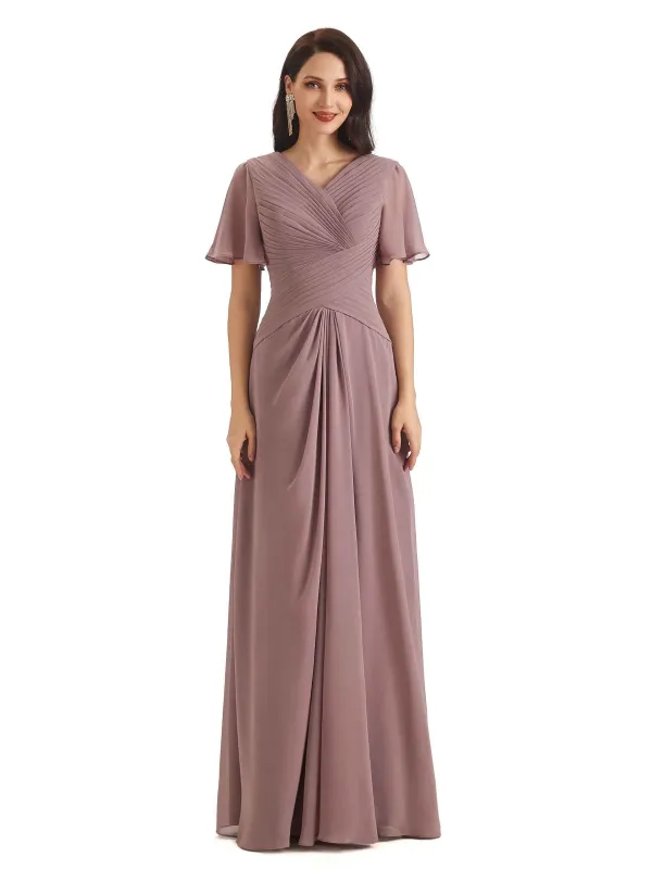 Formal A-line Chiffon Short Sleeves V-neck Long Groom of The Bride Dresses In Stock made by ChicSew