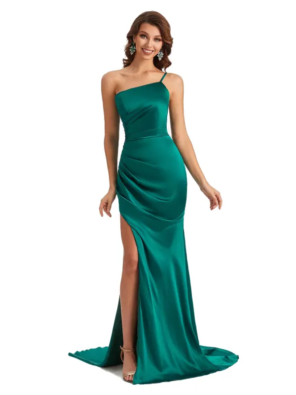 Sexy Silky Satin Side Slit One Shoulder Unique Long Wedding Guest Maxi Dresses in stock sold by ChicSew