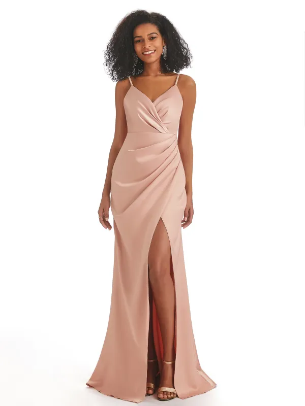 Spaghetti Straps Mermaid Soft Satin Side Slit Long African Bridesmaid Dresses In Stock sold by ChicSew