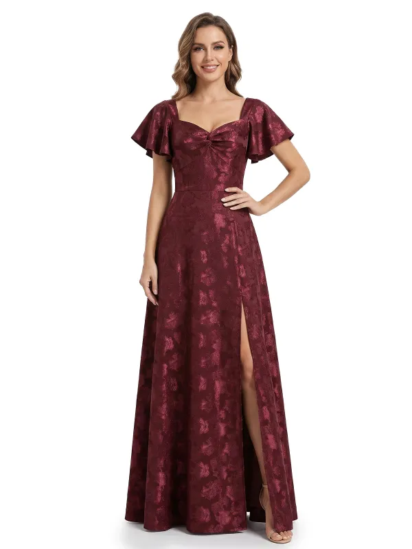 Beautiful V-Neck Floral Burnout Chiffon Flutter Sleeves A-Line Side Slit Floor-Length Formal Evening Dresses sold by ChicSew