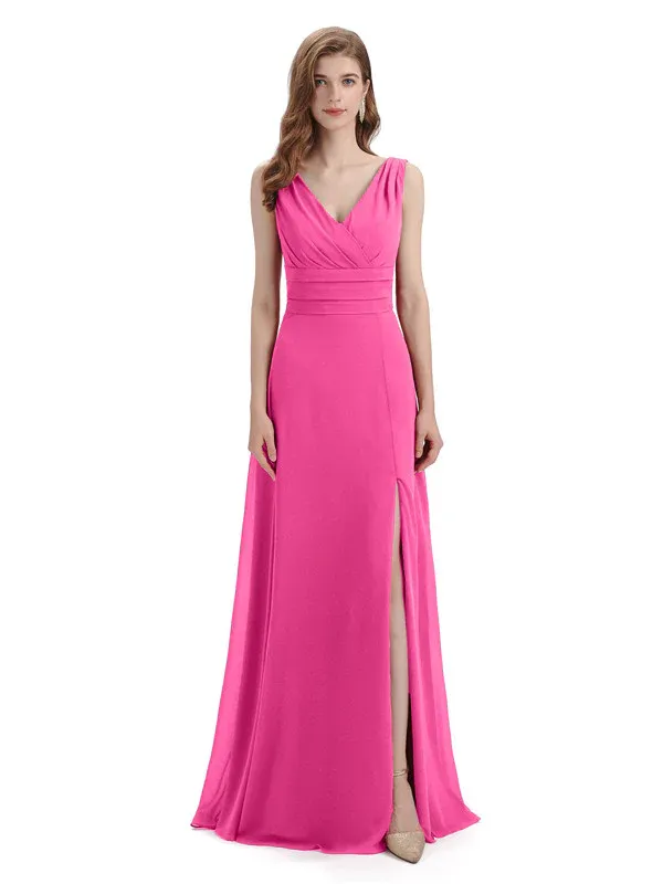 Elegant Sleeveless V-Neck Side Slit Floor-Length Long Bridesmaid Dresses In Stock made by ChicSew