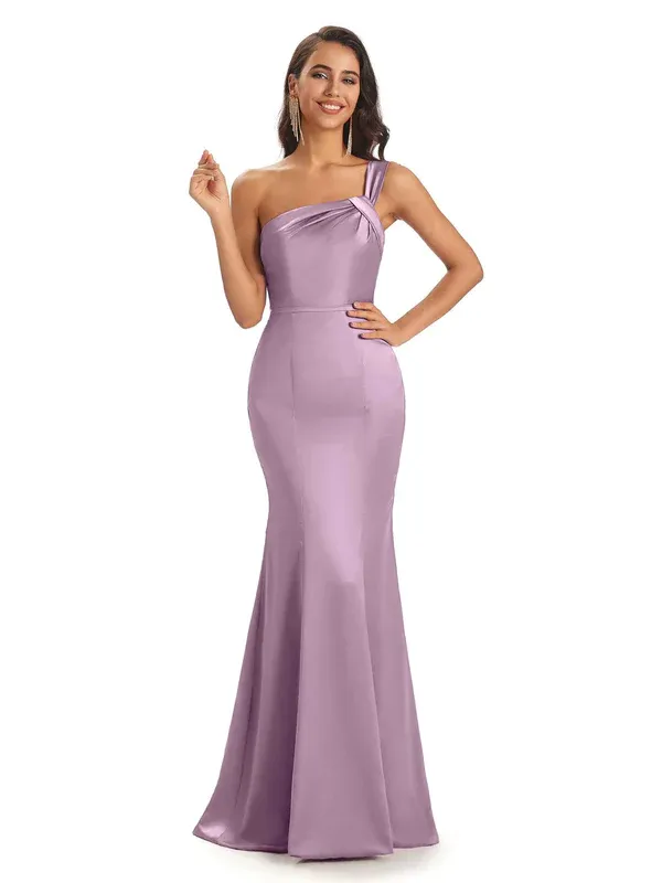 Sexy One shoulder Soft Satin Mermaid Floor Length Long Bridesmaid Dresses In Stock sold by ChicSew