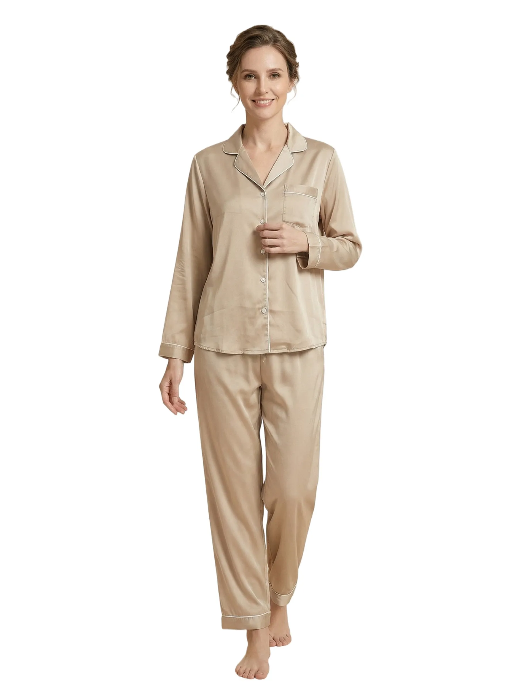 Women's Long Sleeves V-Neck Trim Bride Bridesmaid Pants Robes Silk Like Wedding Robes sold by ChicSew