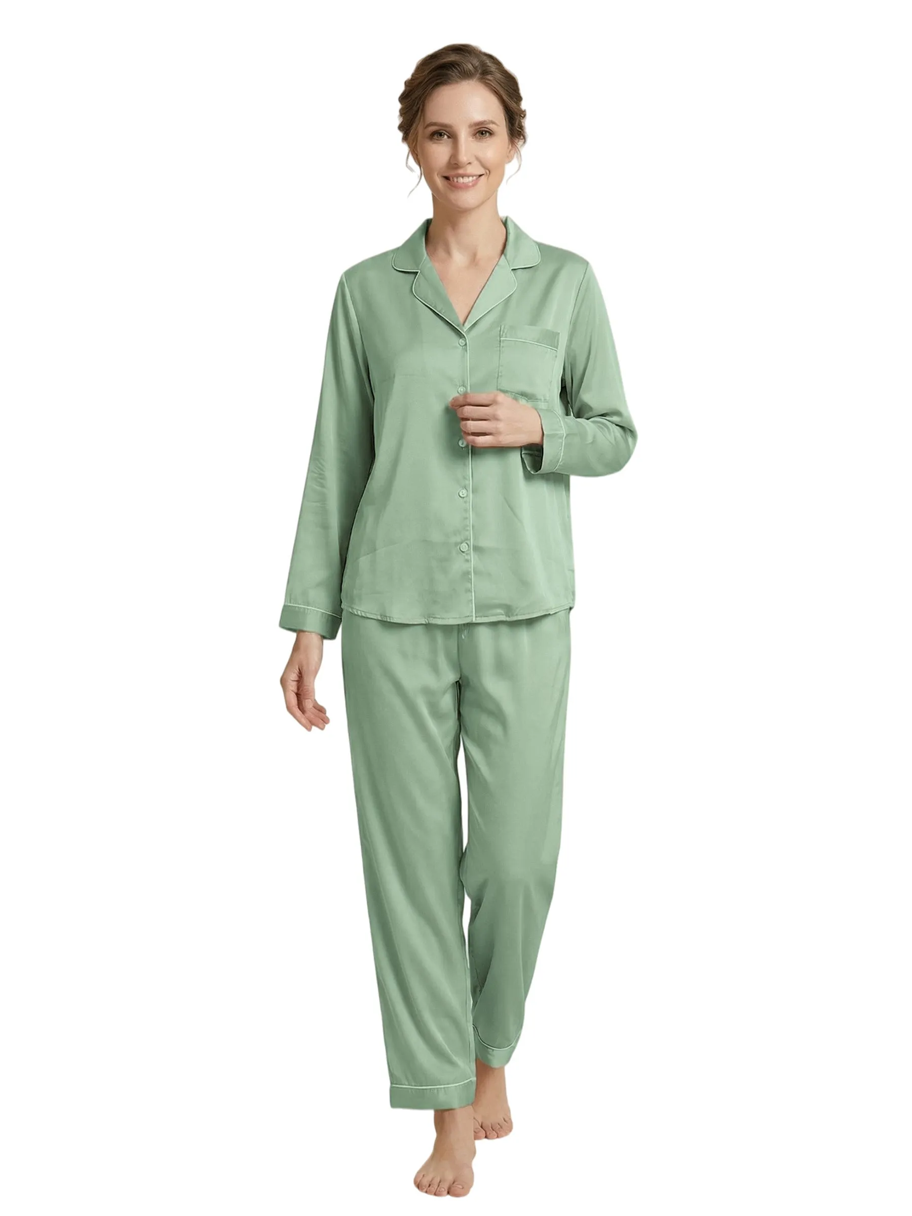 Women's Long Sleeves V-Neck Trim Bride Bridesmaid Pants Robes Silk Like Wedding Robes sold by ChicSew product image thumbnail 4