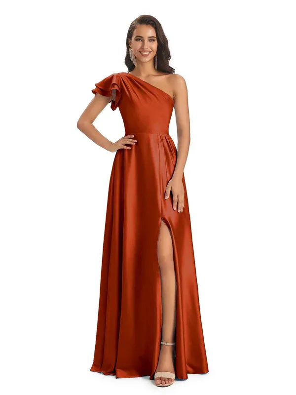 Sexy Soft Satin Side Slit A-Line One Shoulder Ladies Long Bridesmaid Dresses In Stock sold by ChicSew