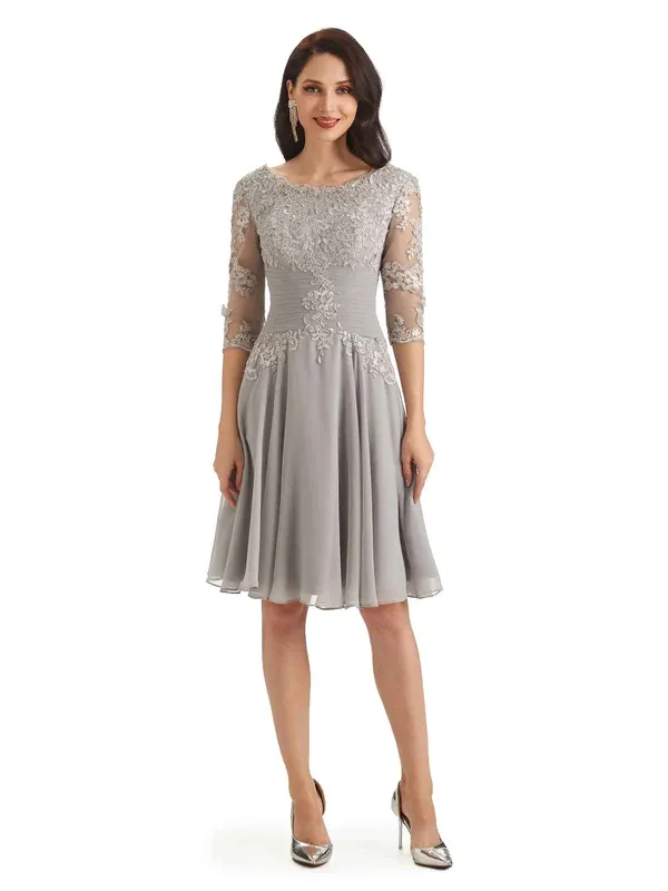 Elegant Scoop Lace Chiffon Half Sleeves Knee Length Short Mother Of The Bride Dresses In Stock sold by ChicSew