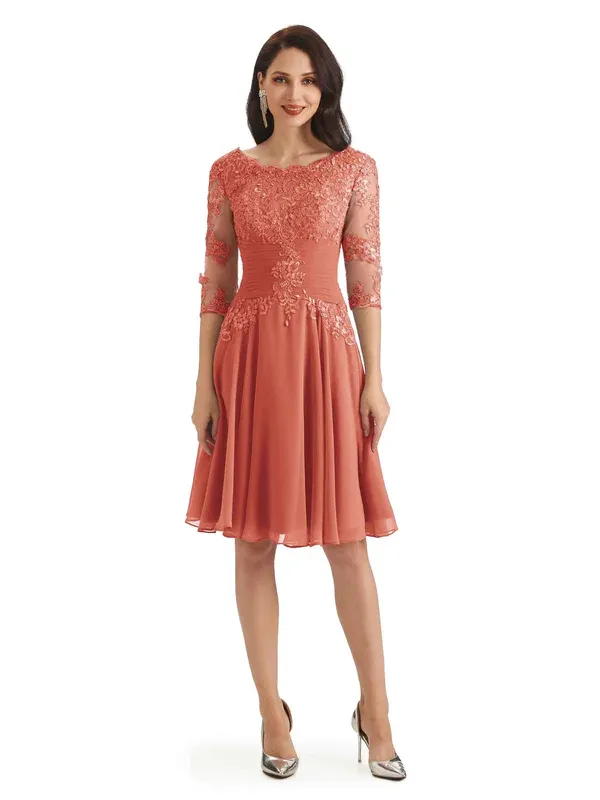 Elegant Scoop Lace Chiffon Half Sleeves Knee Length Short Mother Of The Bride Dresses In Stock sold by ChicSew product image thumbnail 5