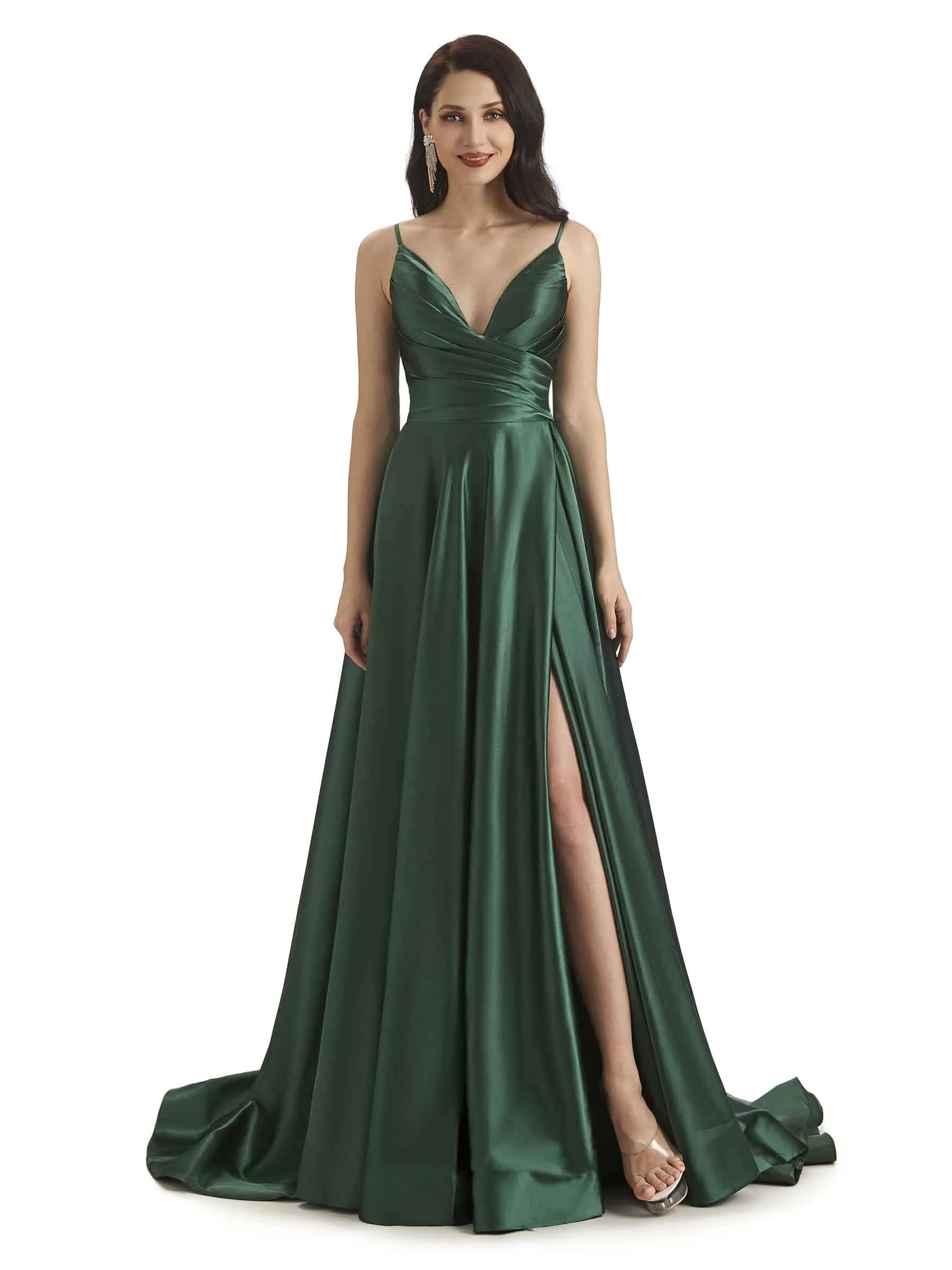 Sexy Soft Satin Side Slit Spaghetti Straps Long Bridesmaid Dresses in stock sold by ChicSew