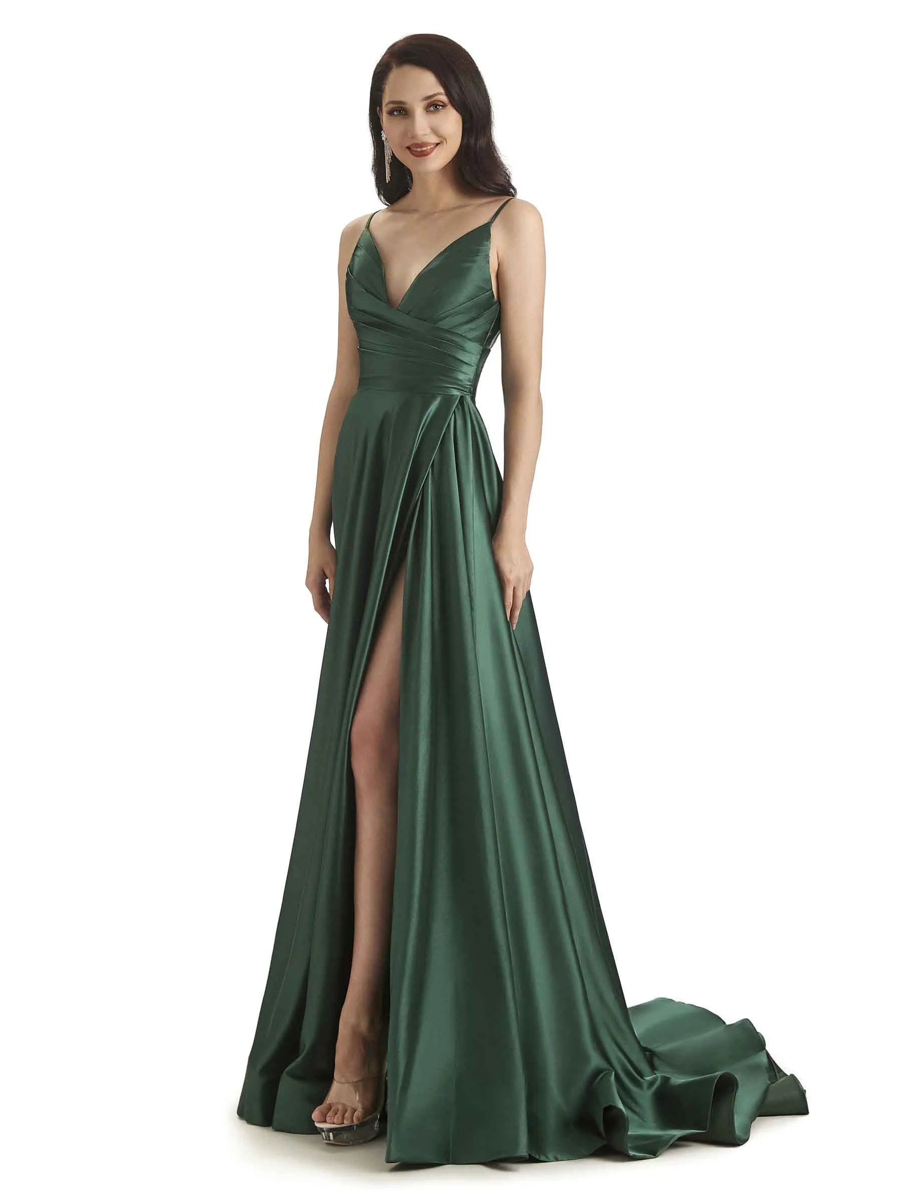 Sexy Soft Satin Side Slit Spaghetti Straps Long Bridesmaid Dresses in stock sold by ChicSew product image thumbnail 4