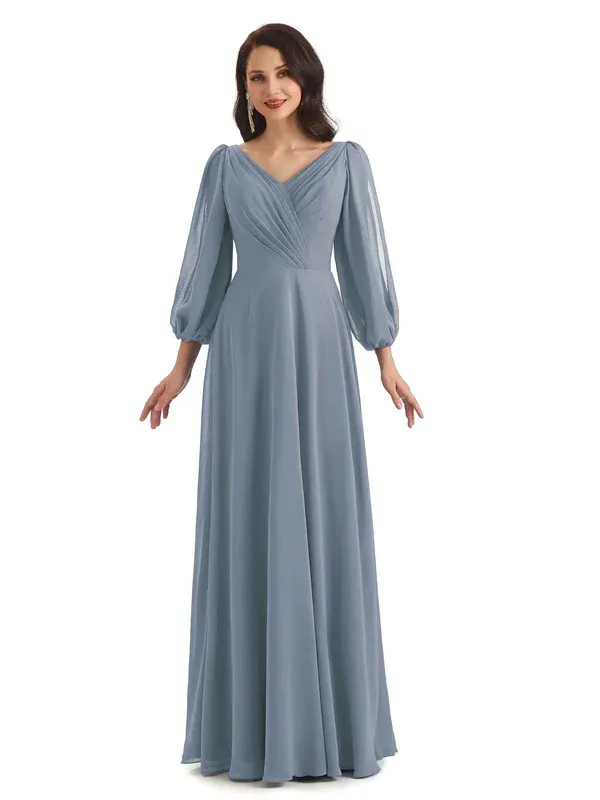 Elegant A-line Chiffon Long Sleeves V-neck Mother of The Groom Dresses In Stock sold by ChicSew