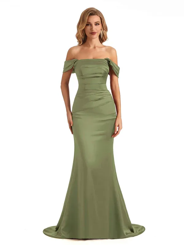 Simple Off The Shoulder Soft Satin Long Mermaid Bridesmaid Dresses In Stock sold by ChicSew
