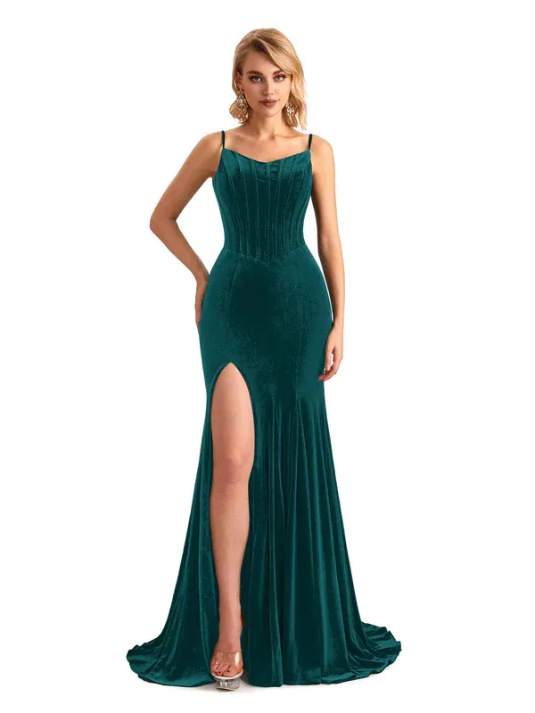 Elegant Mermaid Spaghetti Straps Side Slit Velvet Long Bridesmaid Dresses In Stock made by ChicSew