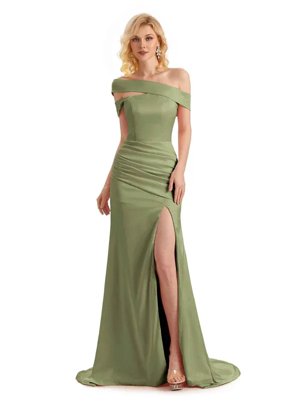 Elegant Asymmetrical Unique Soft Satin Side Slit Long Mermaid Bridesmaid Dresses In Stock sold by ChicSew
