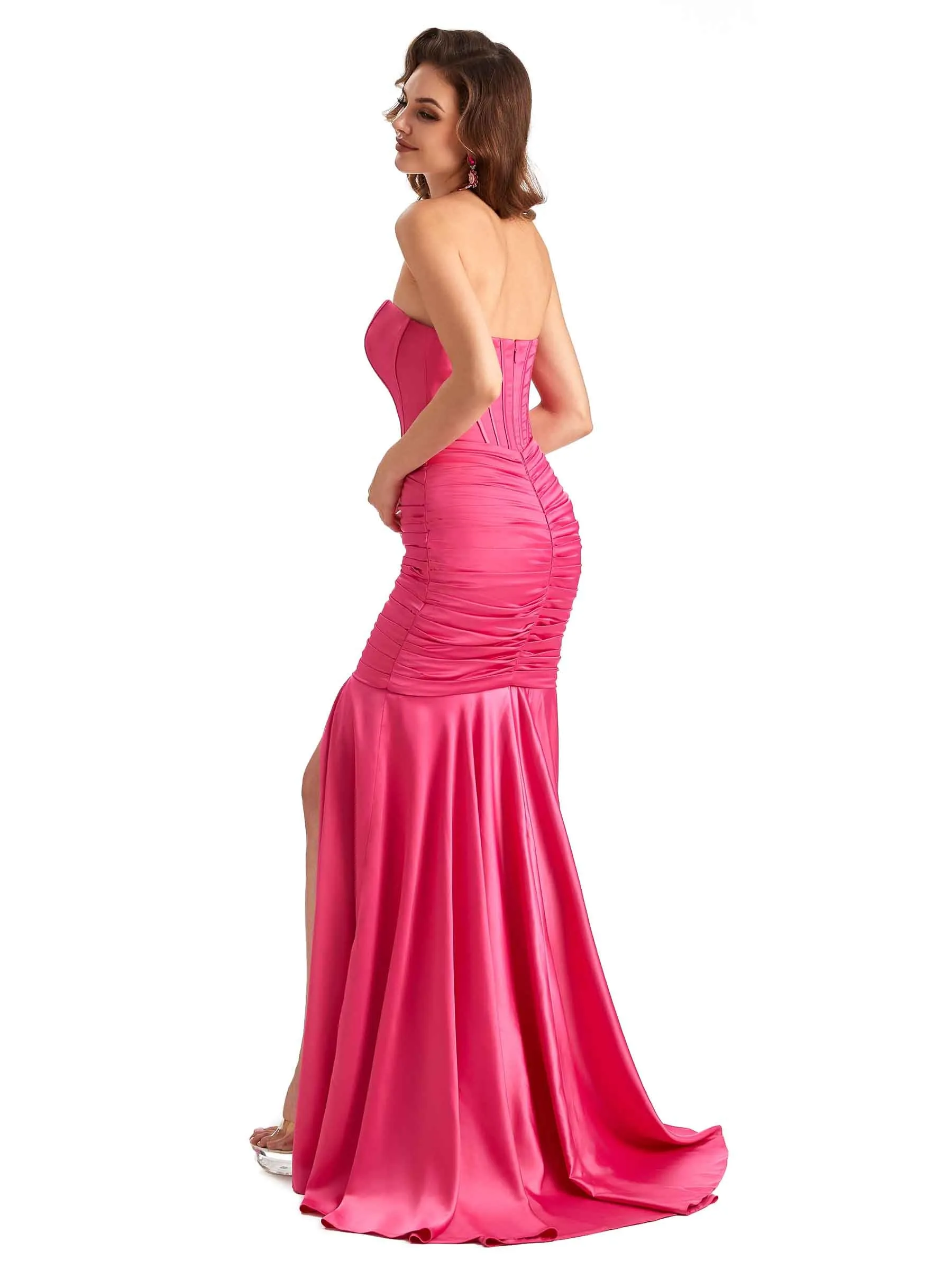 Sexy Strapless Side Slit Mermaid Silky Ruched Satin Formal Wedding Guest Dresses In Stock sold by ChicSew product image thumbnail 5