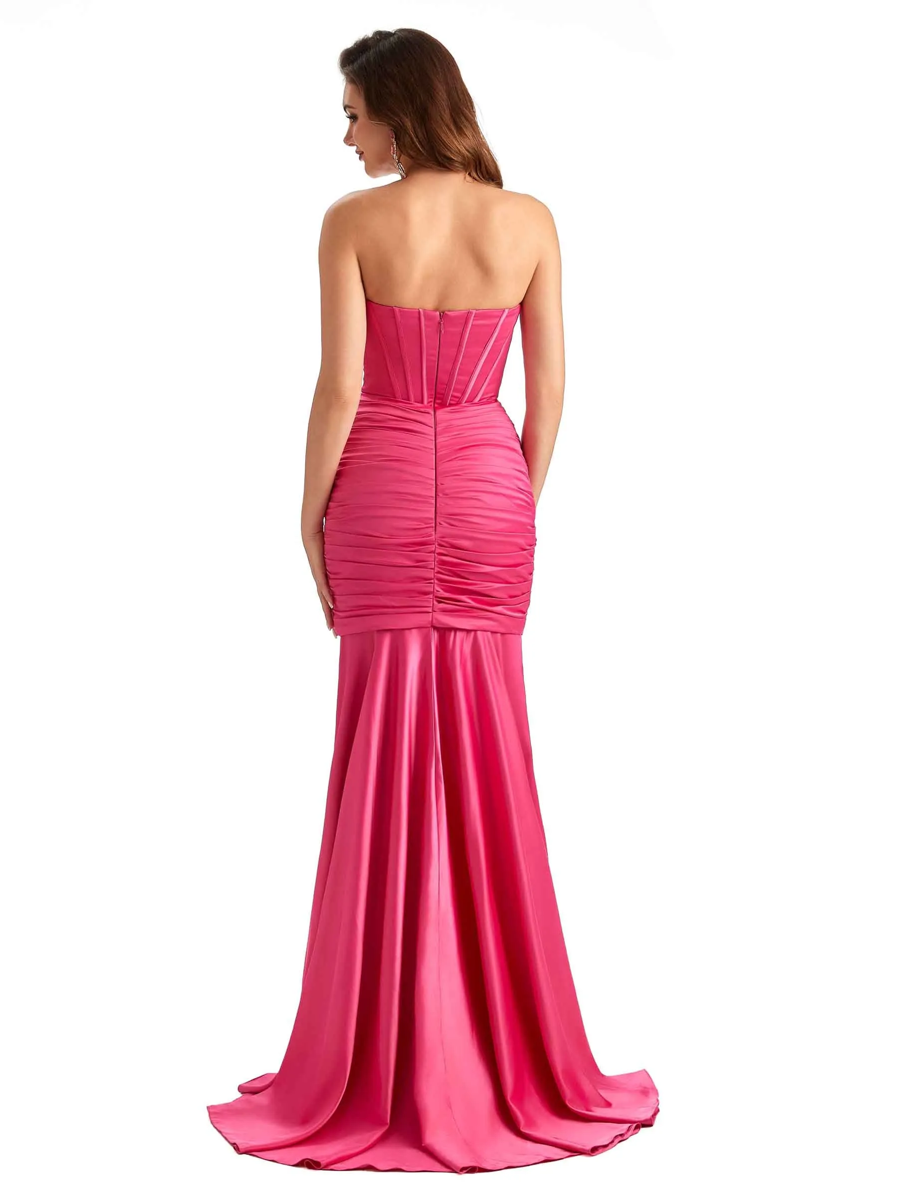 Sexy Strapless Side Slit Mermaid Silky Ruched Satin Formal Wedding Guest Dresses In Stock sold by ChicSew product image thumbnail 3
