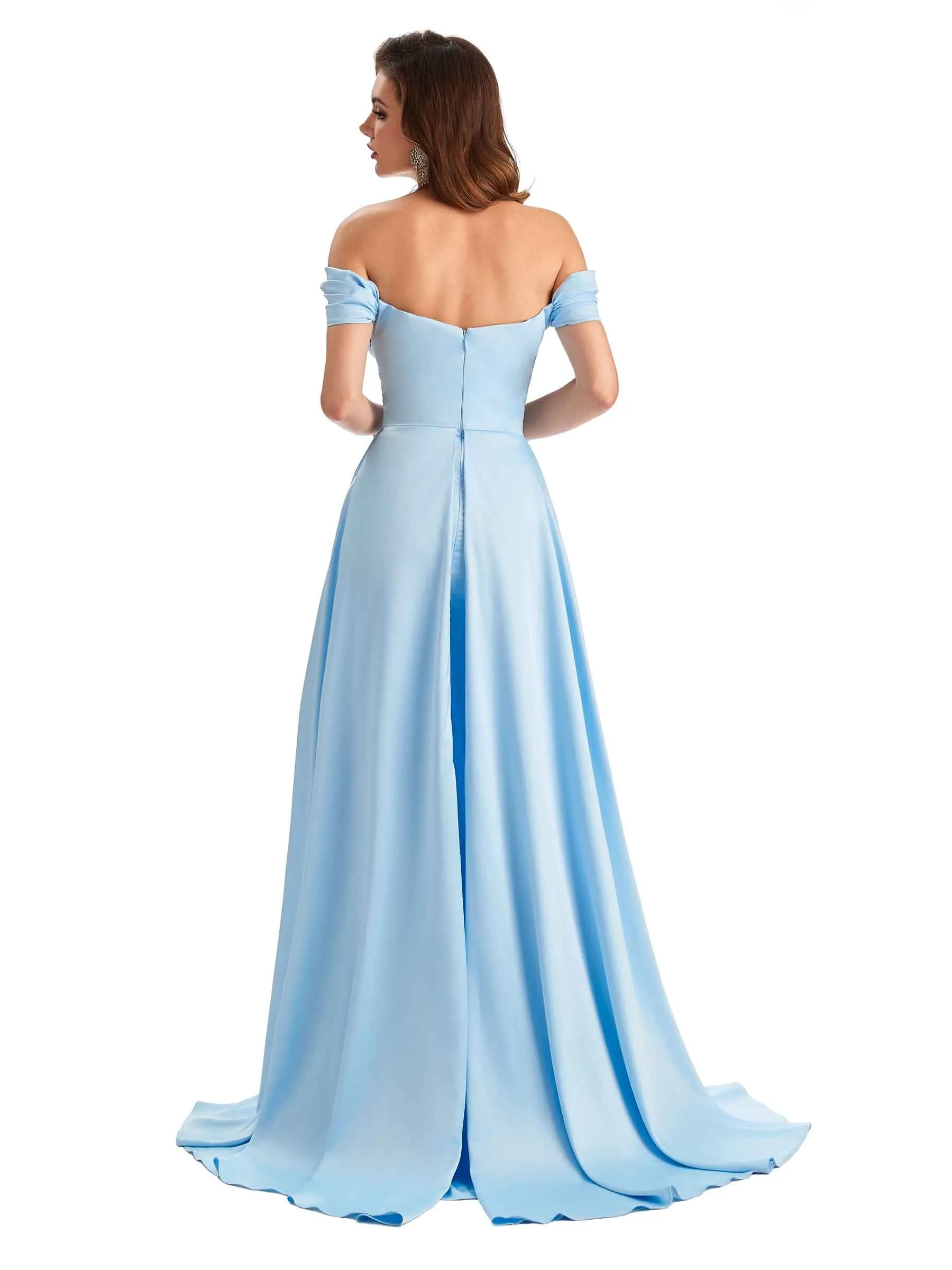 Sexy Side Slit Mermaid Soft Satin Off The Shoulder Long Unique Bridesmaid Dresse In Stock sold by ChicSew product image thumbnail 3