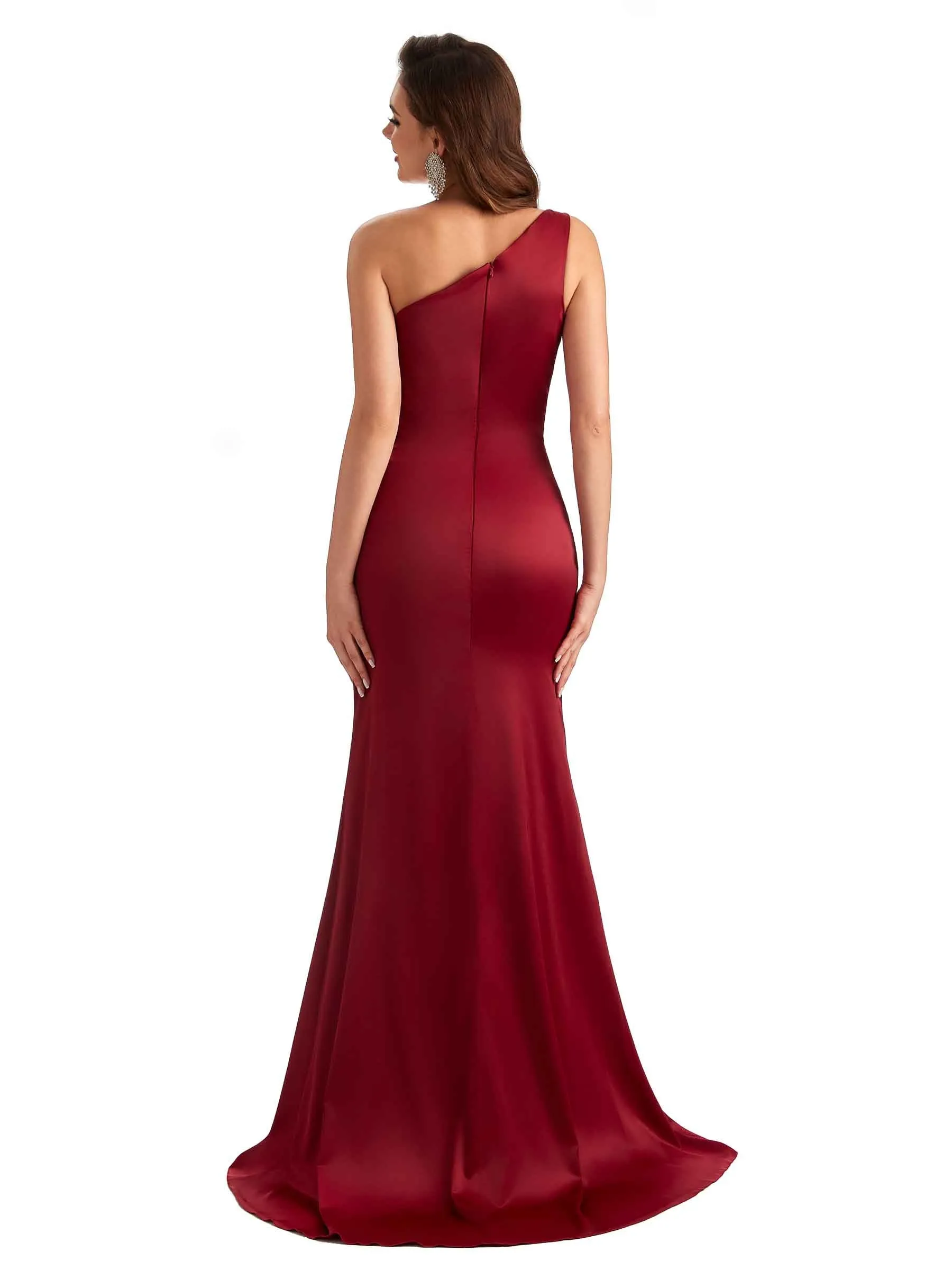 Sexy Side Slit Mermaid Soft Satin One Shoulder Lace Long Bridesmaid Dresses In Stock sold by ChicSew product image thumbnail 3