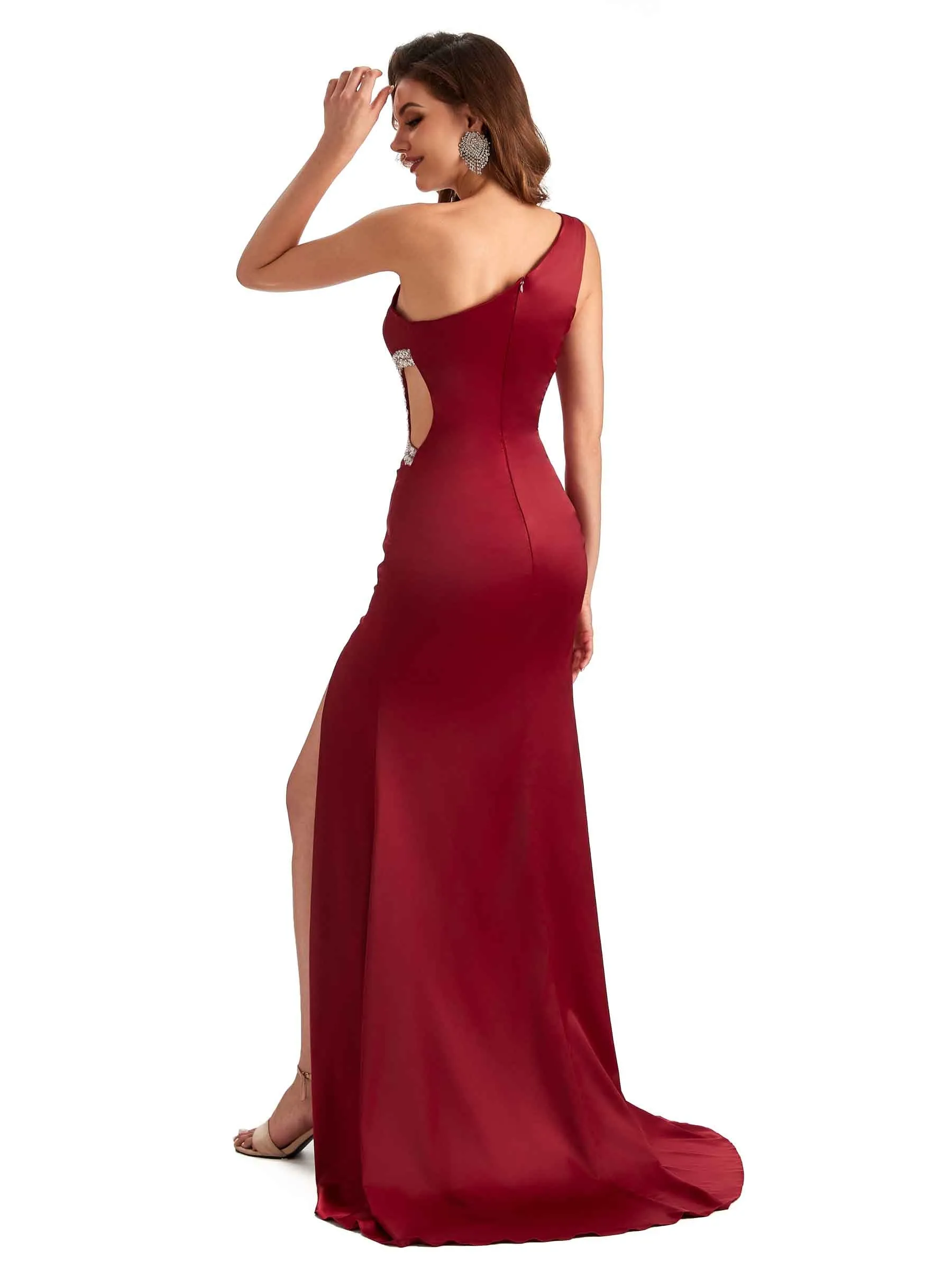 Sexy Side Slit Mermaid Soft Satin One Shoulder Lace Long Bridesmaid Dresses In Stock sold by ChicSew product image thumbnail 5
