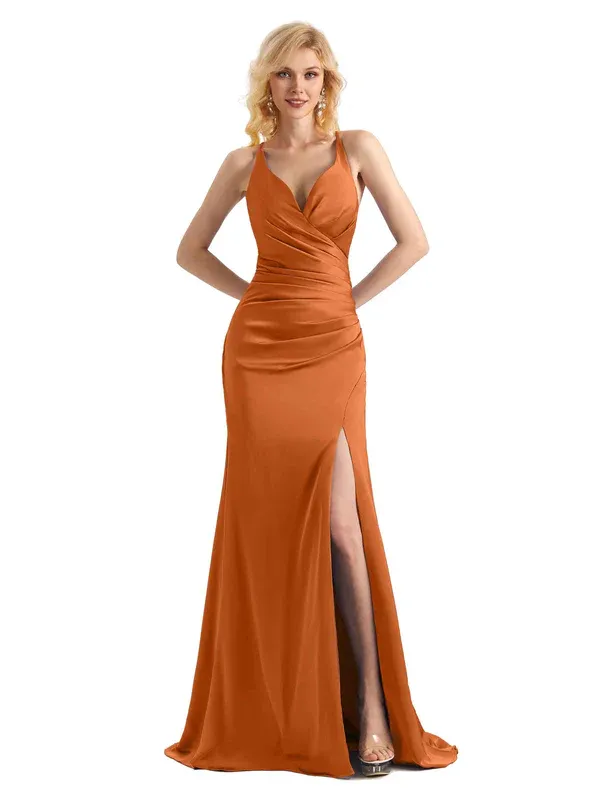 Elegant V-neck Criss Cross Soft Satin Side Slit Long Mermaid Bridesmaid Dresses In Stock sold by ChicSew