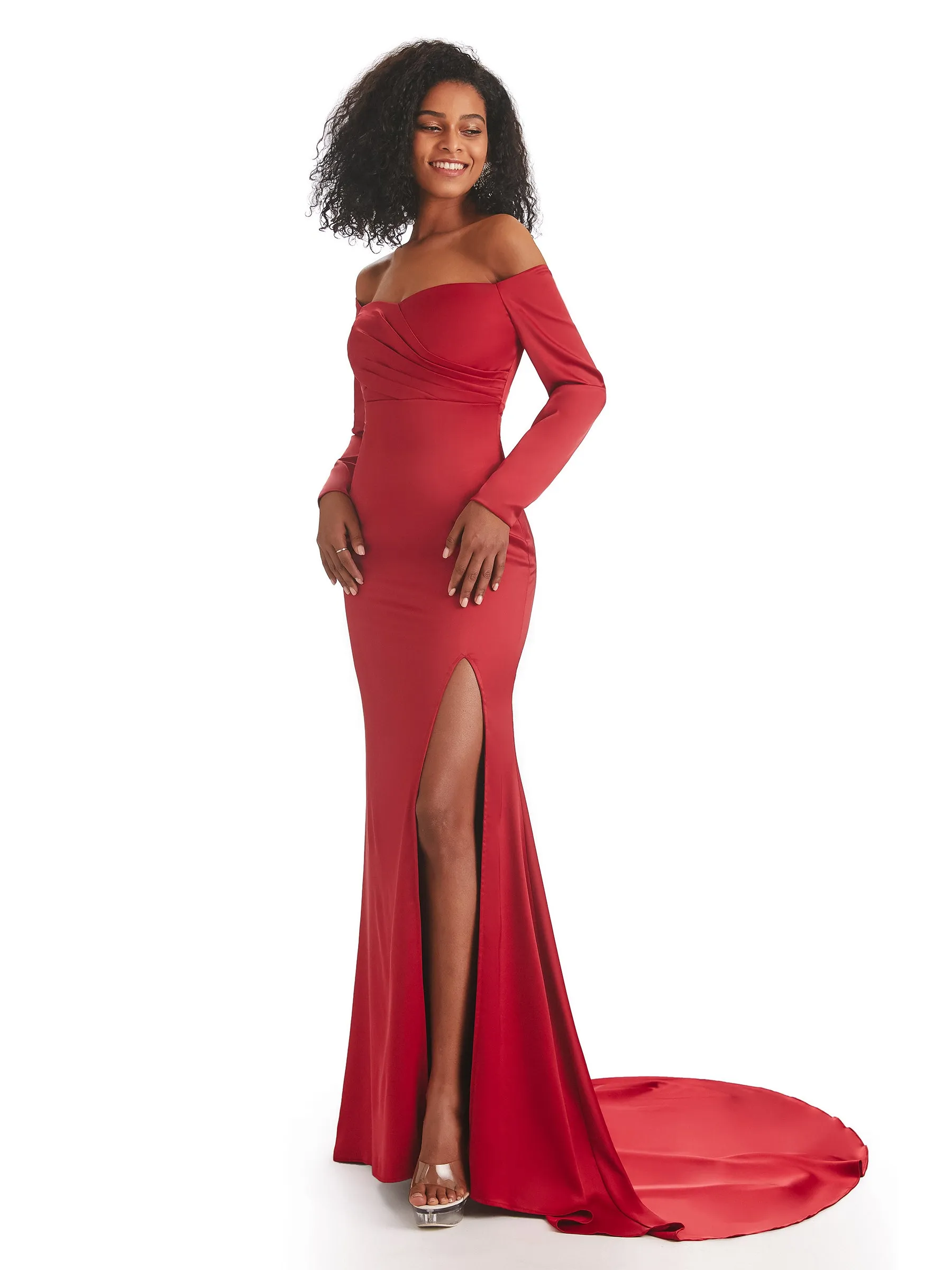 Sexy Mermaid Side Slit Off The Shoulder Long Sleeve Soft Satin Long Bridesmaid Dresses in stock sold by ChicSew product image thumbnail 4