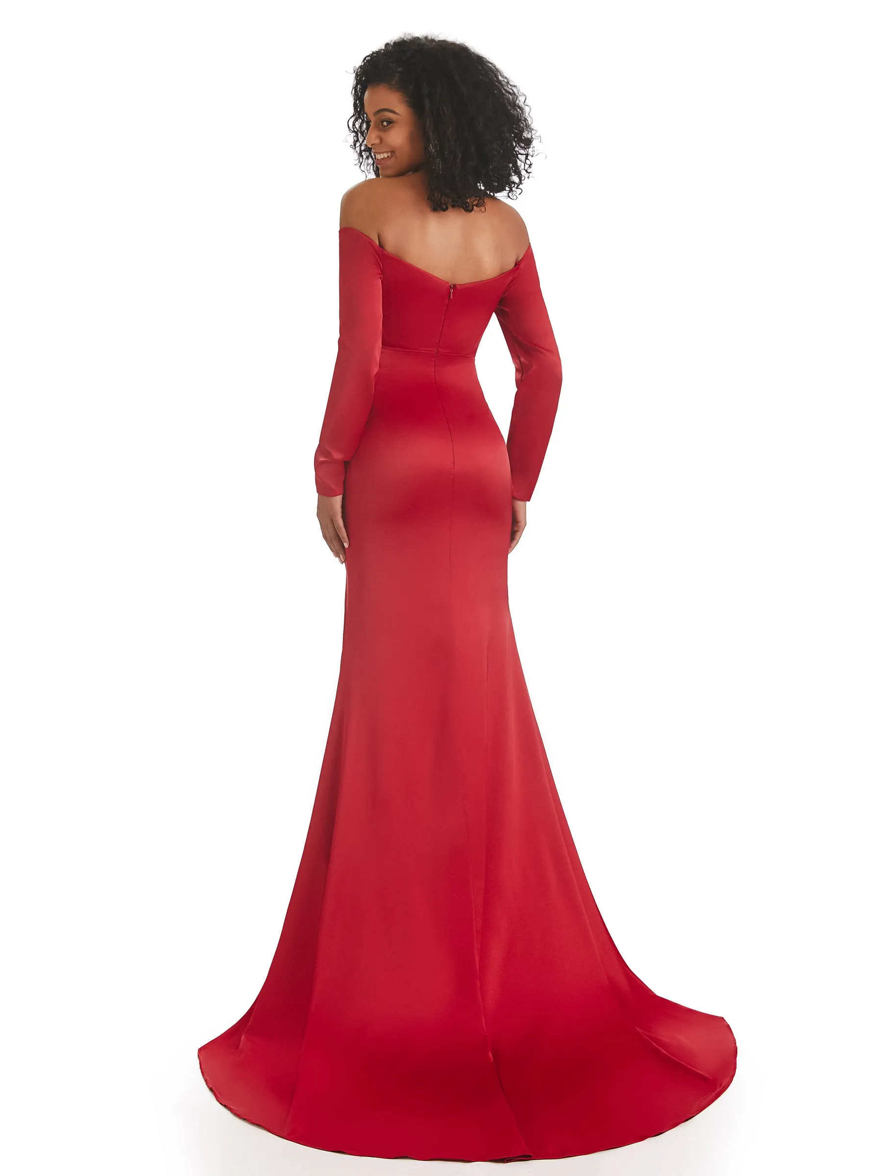 Sexy Mermaid Side Slit Off The Shoulder Long Sleeve Soft Satin Long Bridesmaid Dresses in stock sold by ChicSew product image thumbnail 3