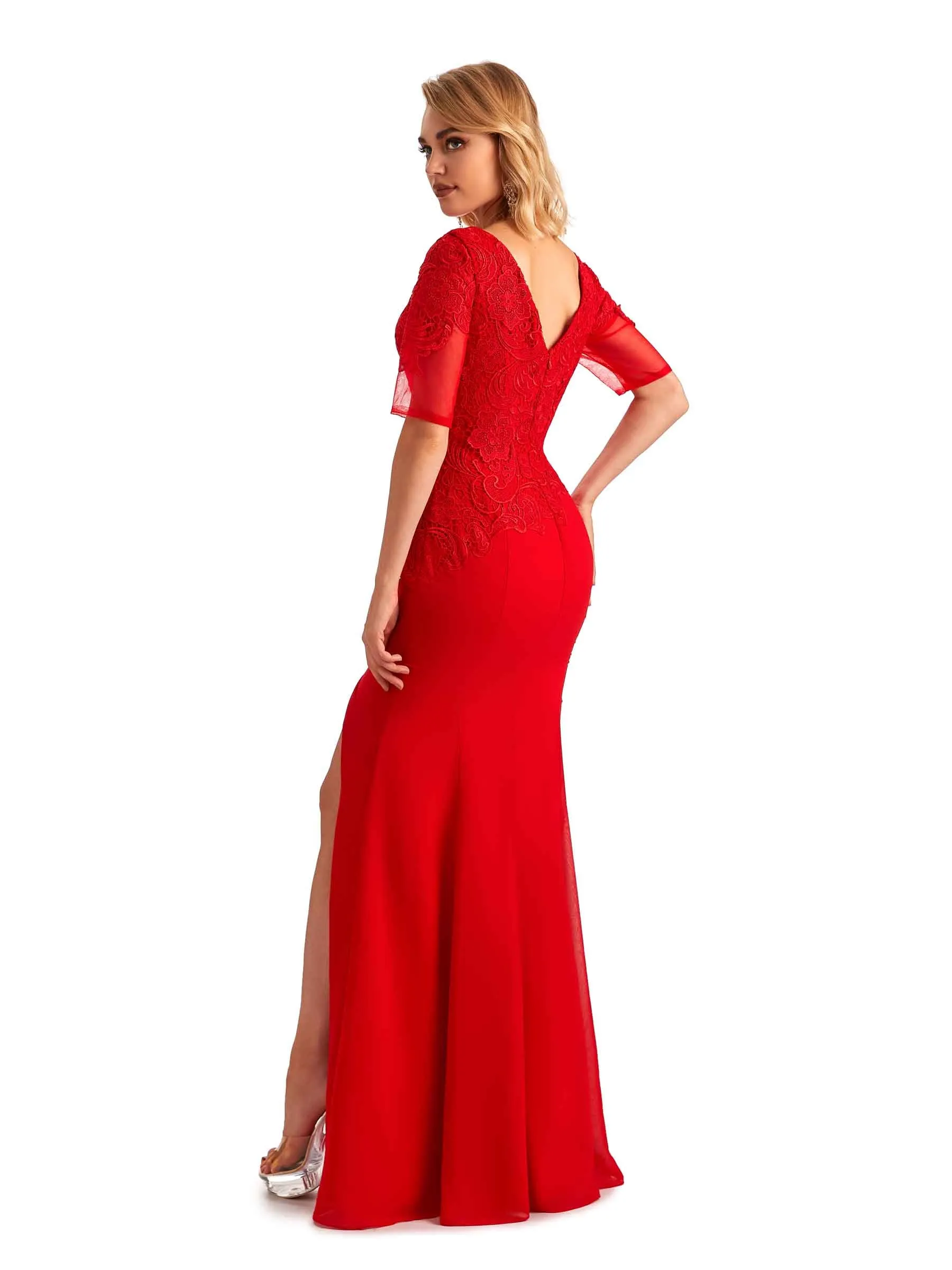 Elegant Mermaid Chiffon Side Slit Half Sleeves Lace Long Mother of the Brides Dresses In Stock sold by ChicSew product image thumbnail 4