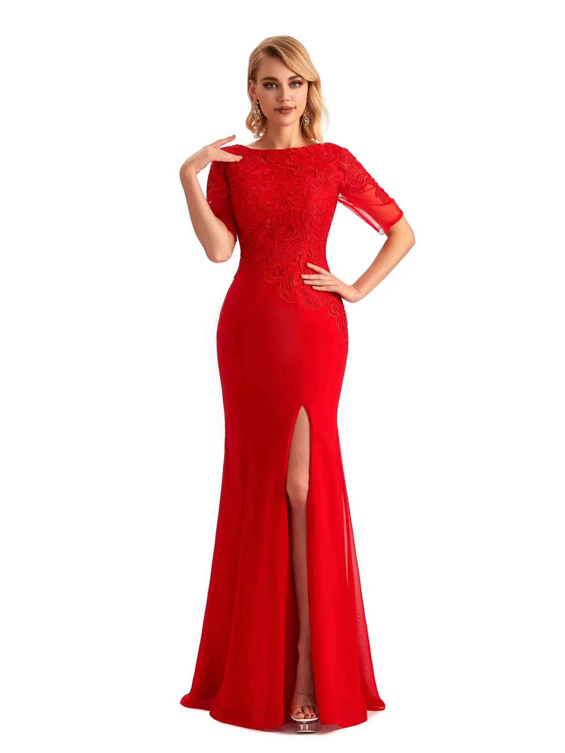 Elegant Mermaid Chiffon Side Slit Half Sleeves Lace Long Mother of the Brides Dresses In Stock sold by ChicSew