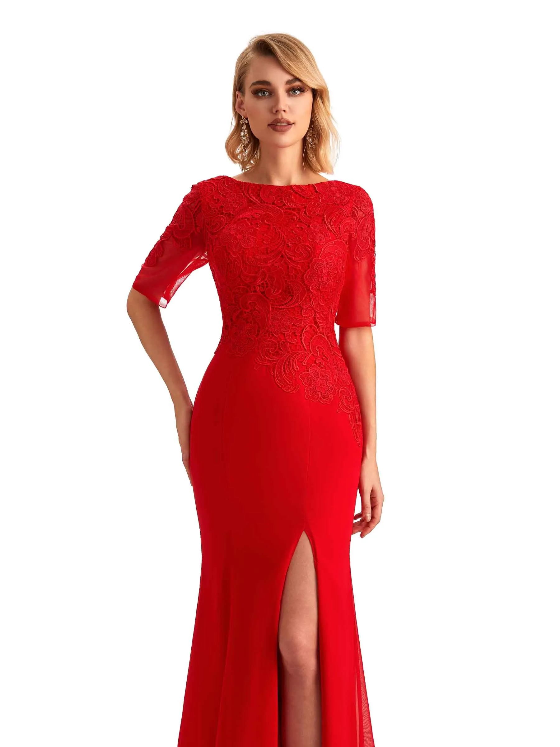 Elegant Mermaid Chiffon Side Slit Half Sleeves Lace Long Mother of the Brides Dresses In Stock sold by ChicSew product image thumbnail 2