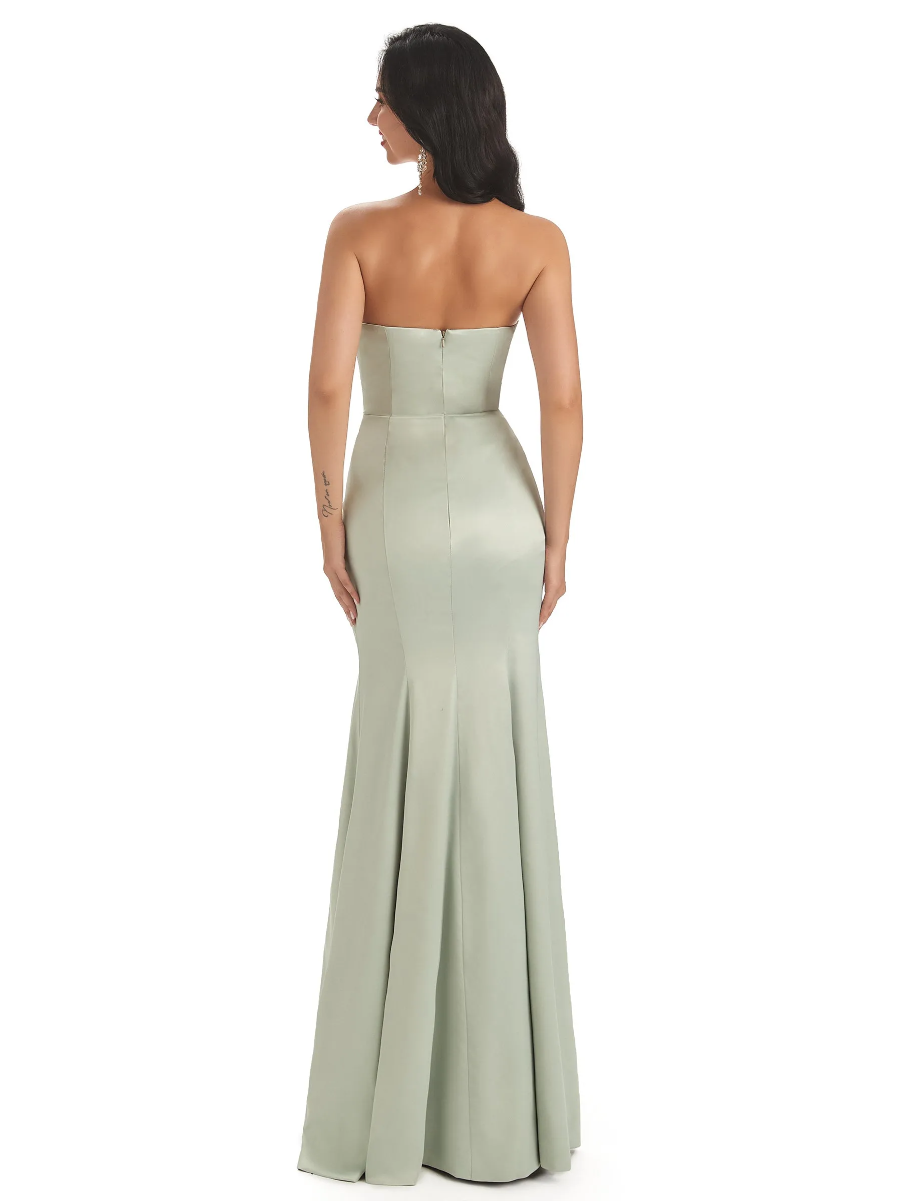 Simple Soft Satin Side Slit Sweetheart Long Mermaid Bridesmaid Dresses in stock sold by ChicSew product image thumbnail 3