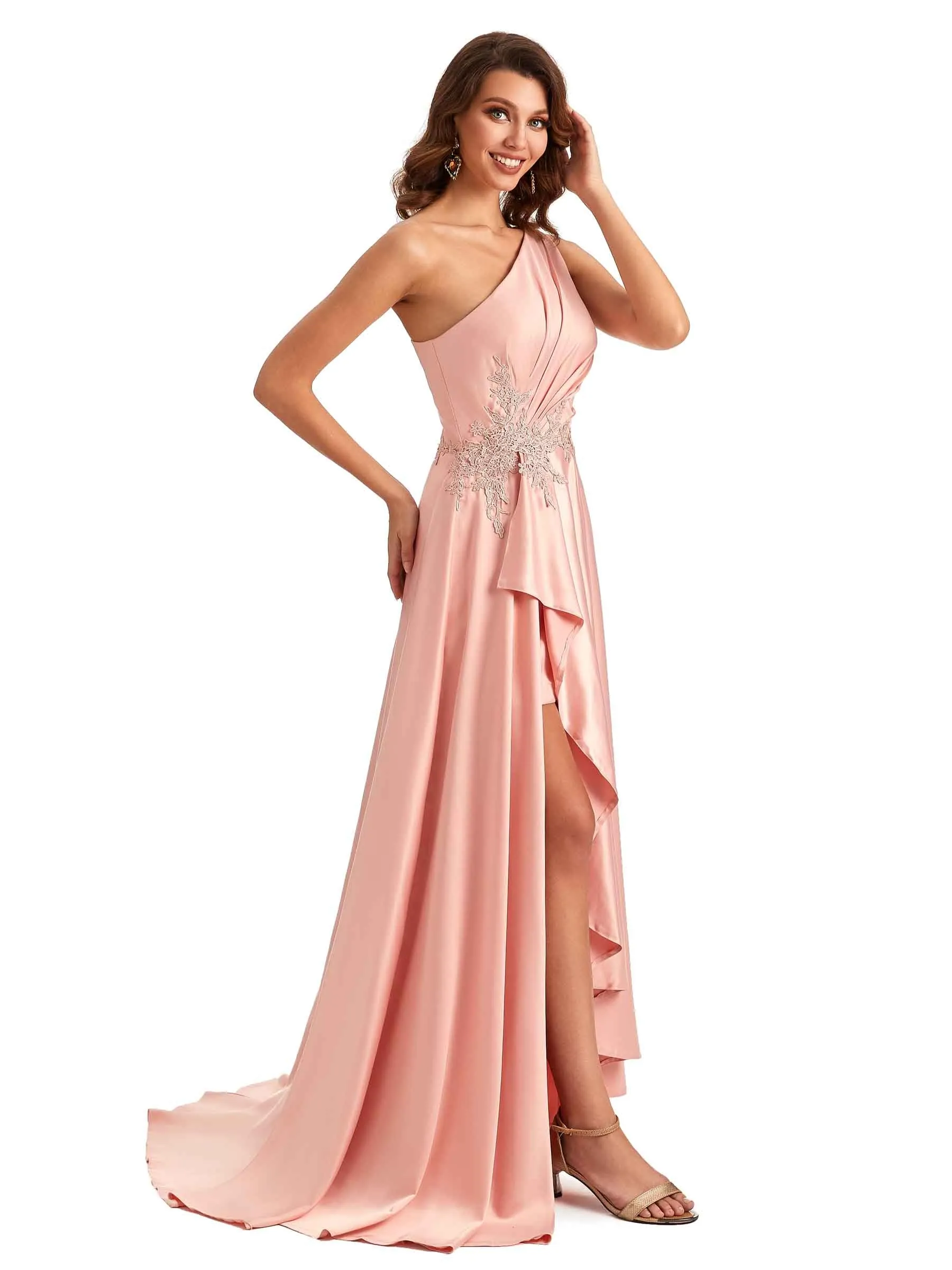 Sexy One Shoulder A-Line High Low Silky Satin Lace Long Formal Wedding Guest Dresses In Stock sold by ChicSew product image thumbnail 5