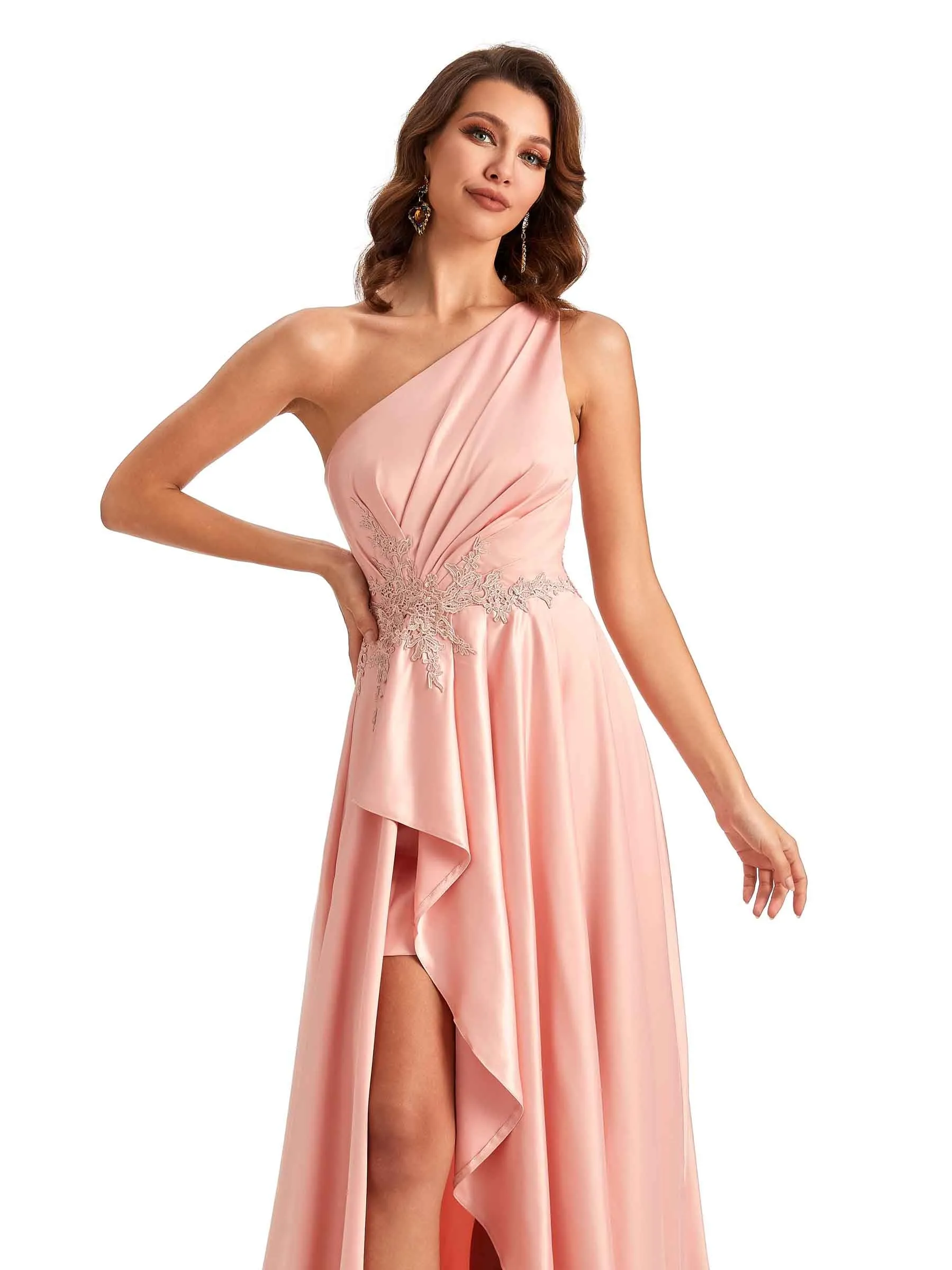 Sexy One Shoulder A-Line High Low Silky Satin Lace Long Formal Wedding Guest Dresses In Stock sold by ChicSew product image thumbnail 2