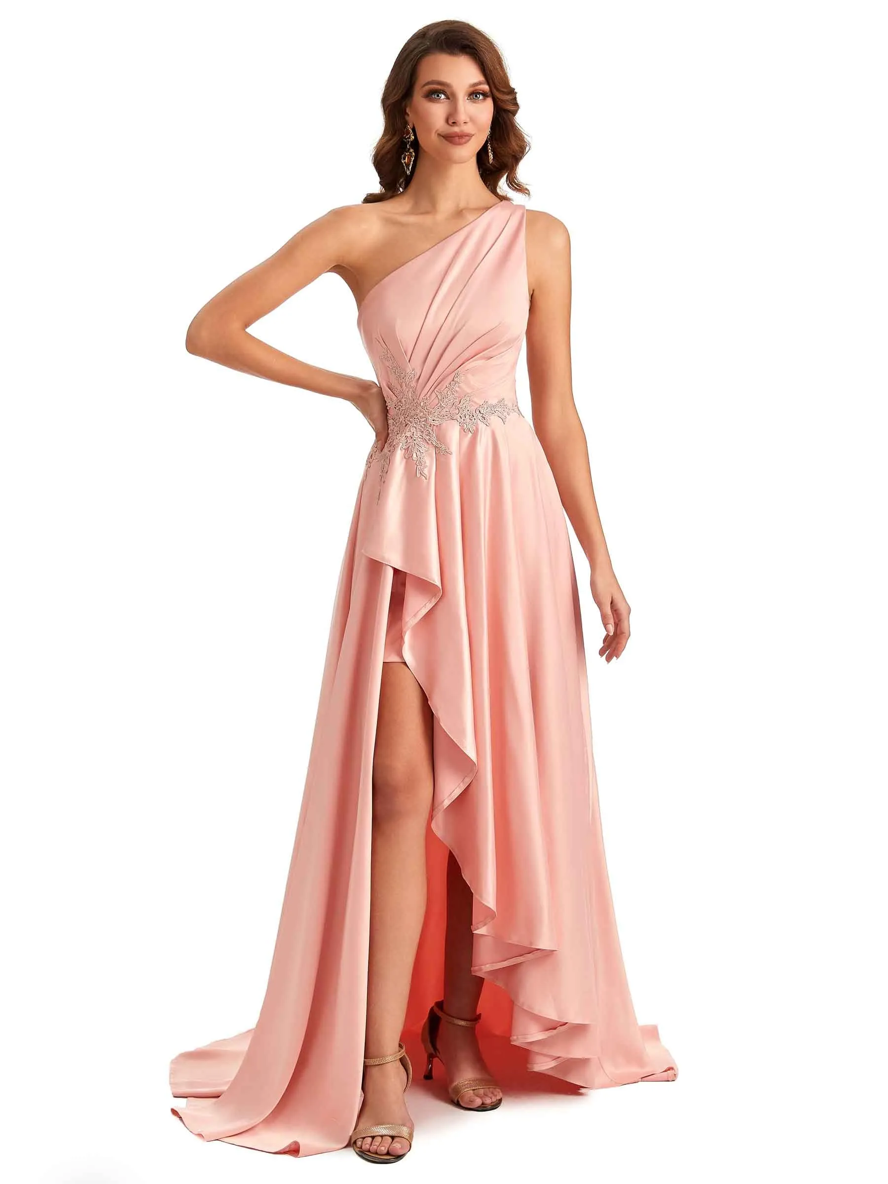 Sexy One Shoulder A-Line High Low Silky Satin Lace Long Formal Wedding Guest Dresses In Stock sold by ChicSew