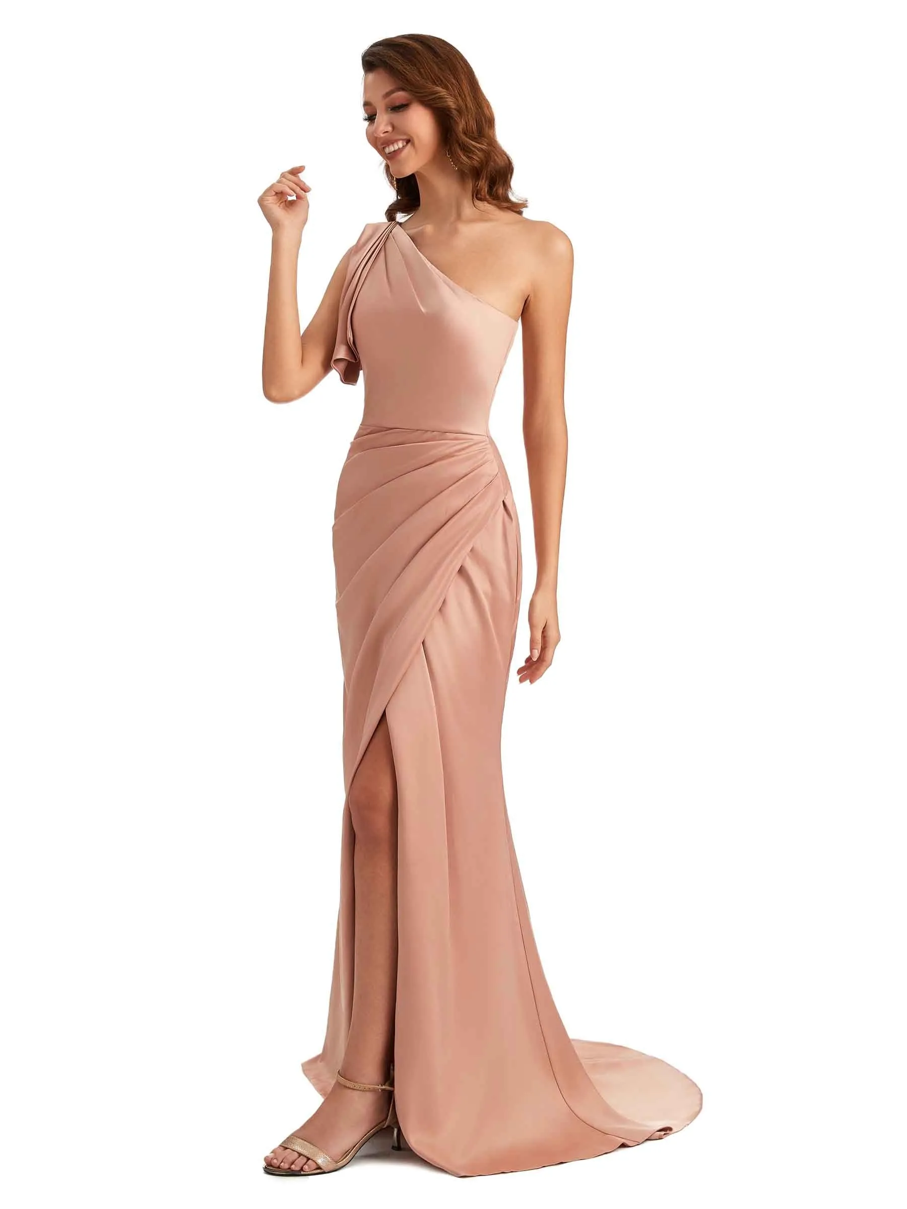 Sexy One Shoulder Mermaid Side Slit Unique Silky Satin Bridesmaid Dresses In Stock sold by ChicSew product image thumbnail 5