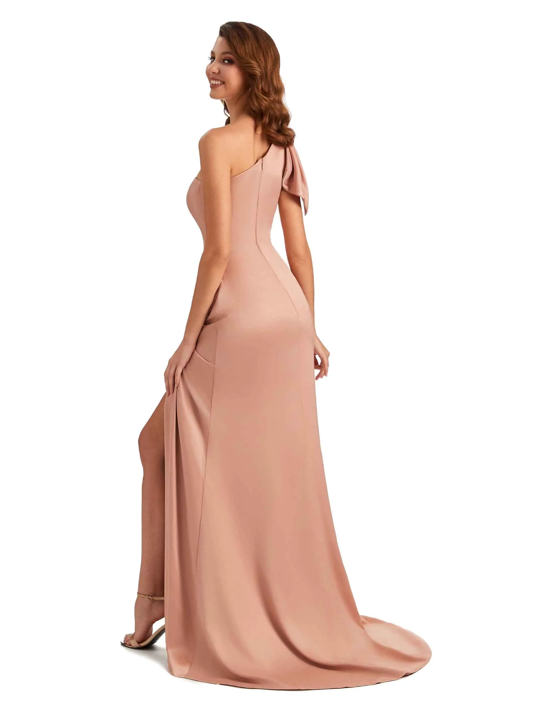 Sexy One Shoulder Mermaid Side Slit Unique Silky Satin Bridesmaid Dresses In Stock sold by ChicSew product image thumbnail 4