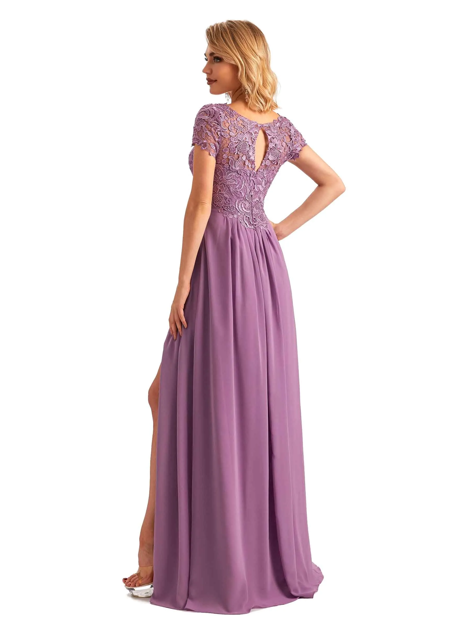 Elegant Side Slit Chiffon Short Sleeves A-line Long Mother of the Brides Dresses in stock sold by ChicSew product image thumbnail 5