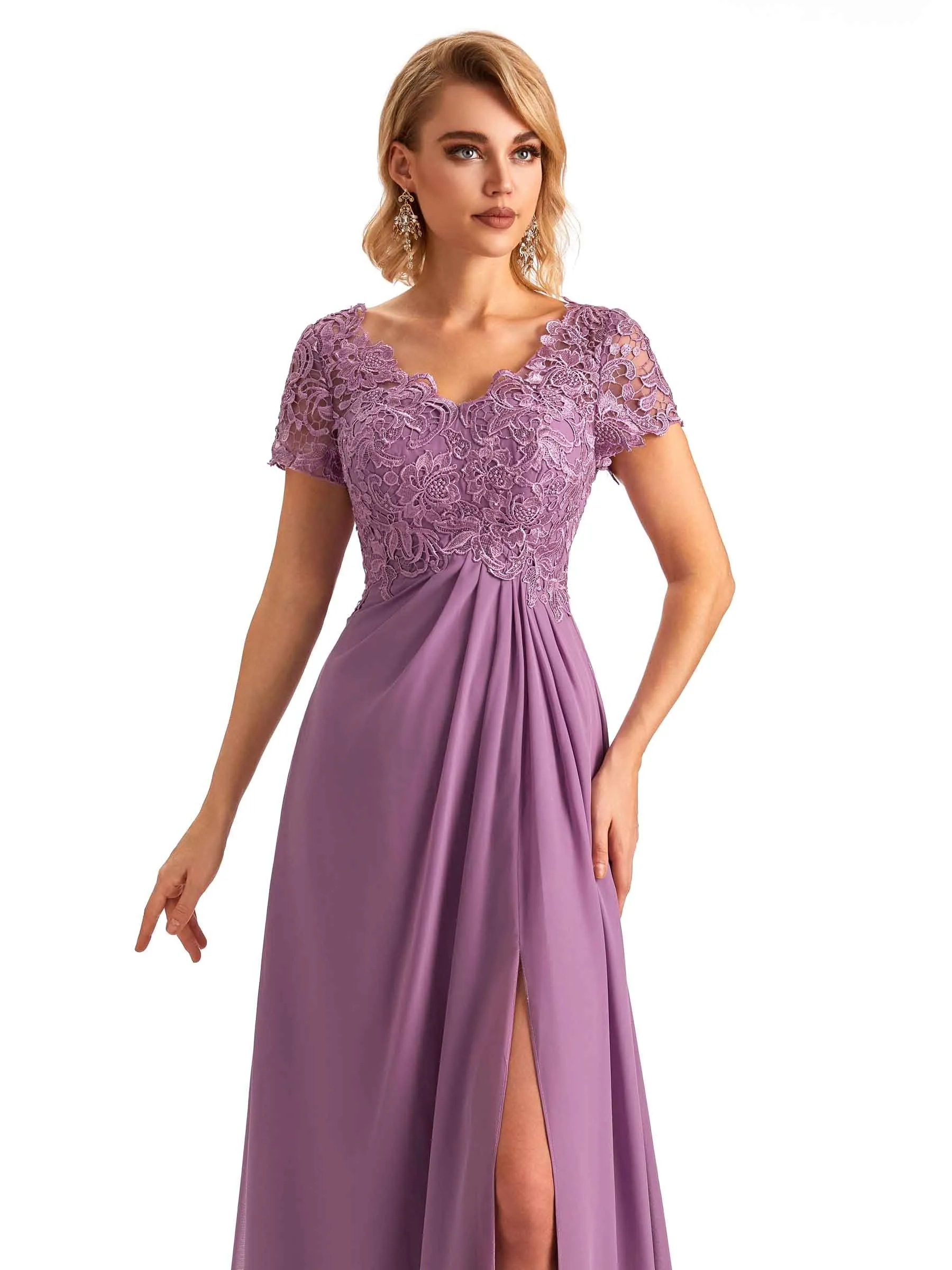 Elegant Side Slit Chiffon Short Sleeves A-line Long Mother of the Brides Dresses in stock sold by ChicSew product image thumbnail 2
