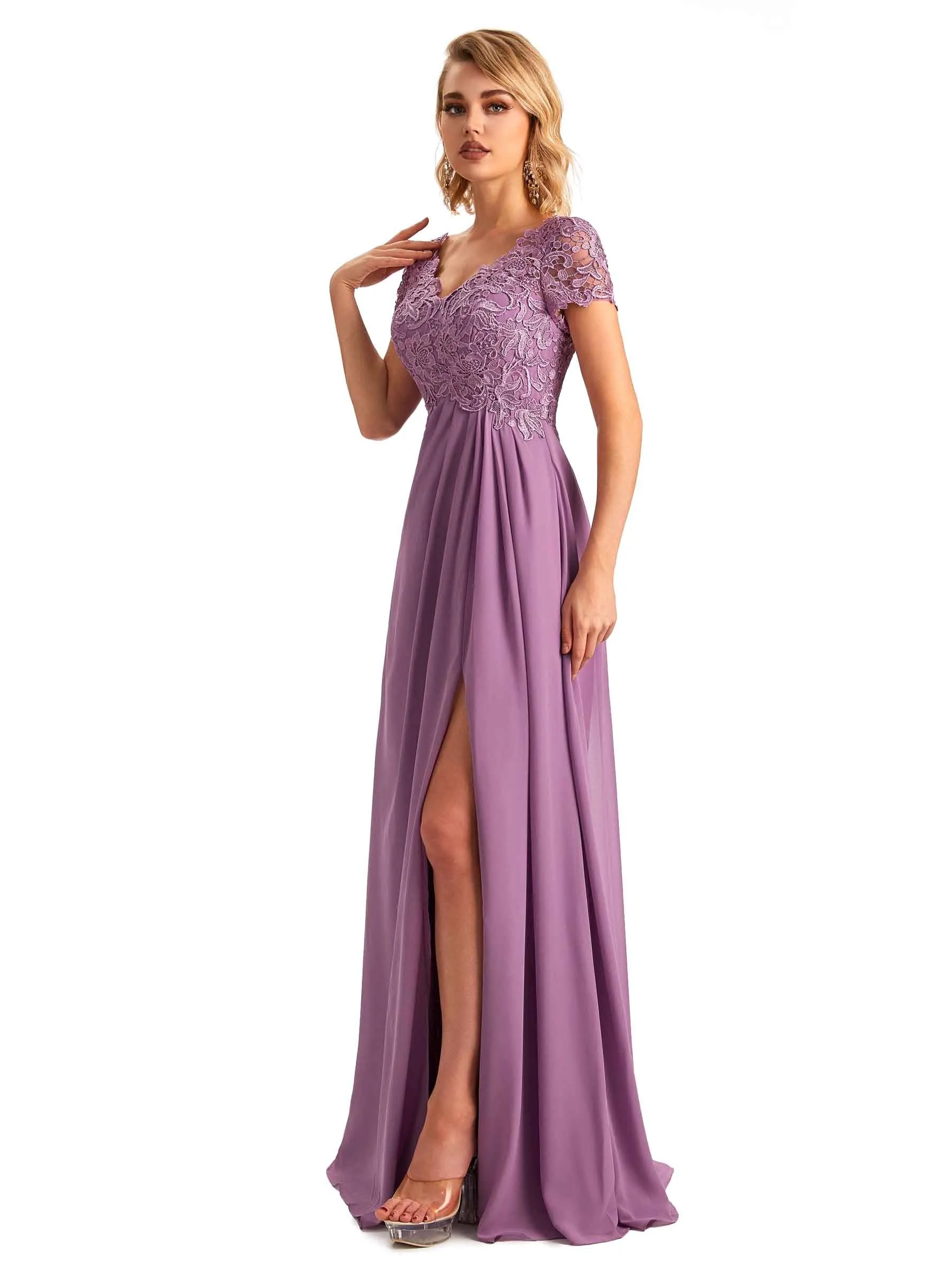 Elegant Side Slit Chiffon Short Sleeves A-line Long Mother of the Brides Dresses in stock sold by ChicSew product image thumbnail 4