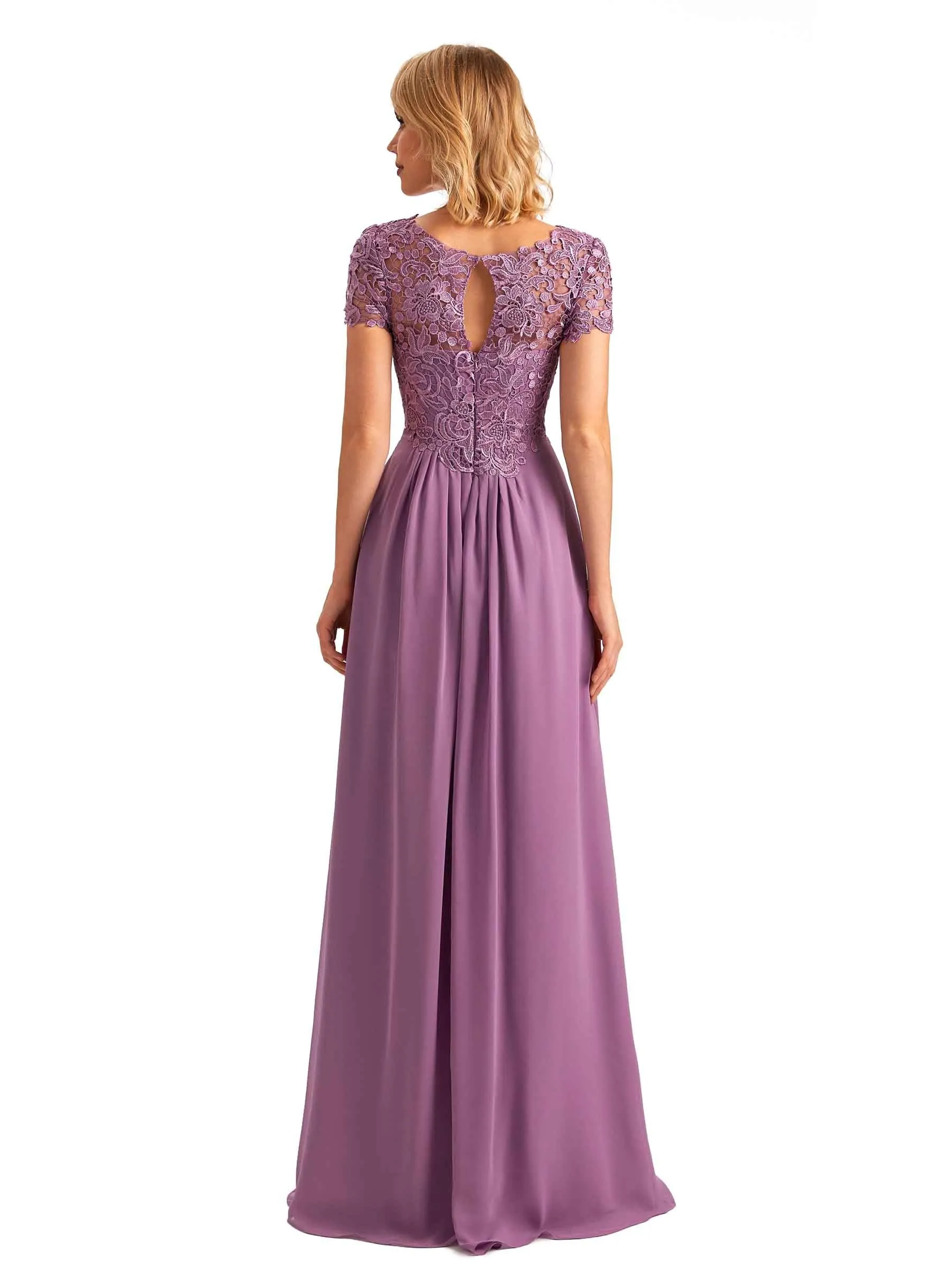 Elegant Side Slit Chiffon Short Sleeves A-line Long Mother of the Brides Dresses in stock sold by ChicSew product image thumbnail 3