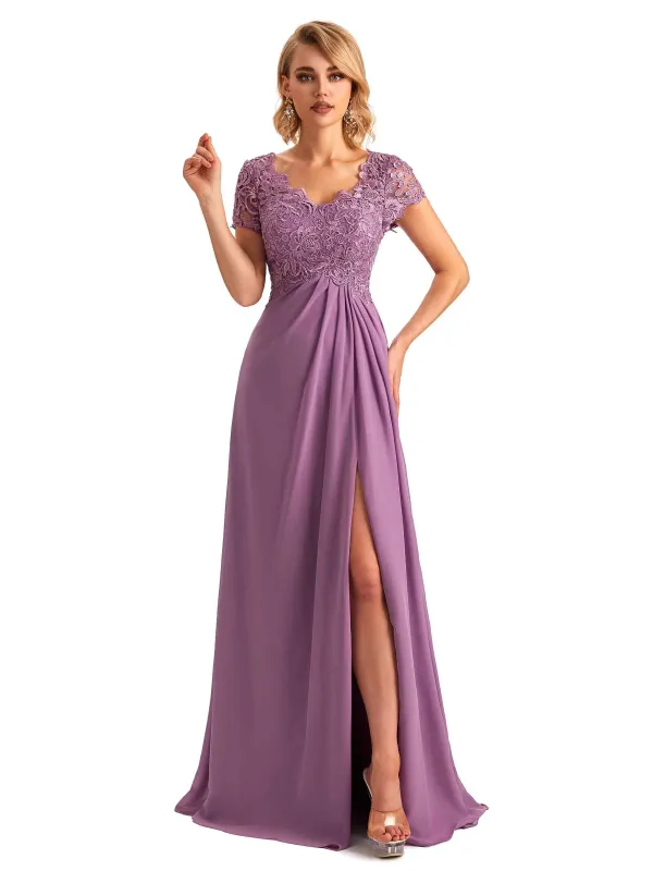 Elegant Side Slit Chiffon Short Sleeves A-line Long Mother of the Brides Dresses in stock sold by ChicSew