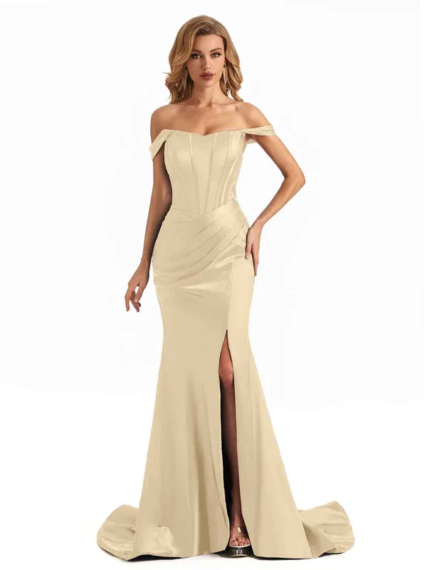 Sexy Side Slit Soft Satin Off The Shoulder Long Mermaid Bridesmaid Dresses In Stock sold by ChicSew