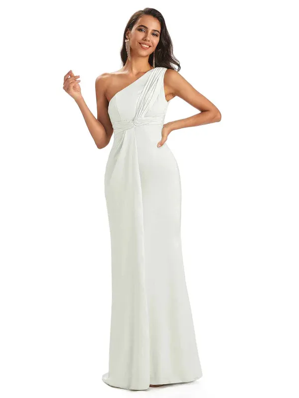 Sexy Soft Satin Side Slit One Shoulder Mermaid Maxi Bridesmaid Dresses In Stock sold by ChicSew